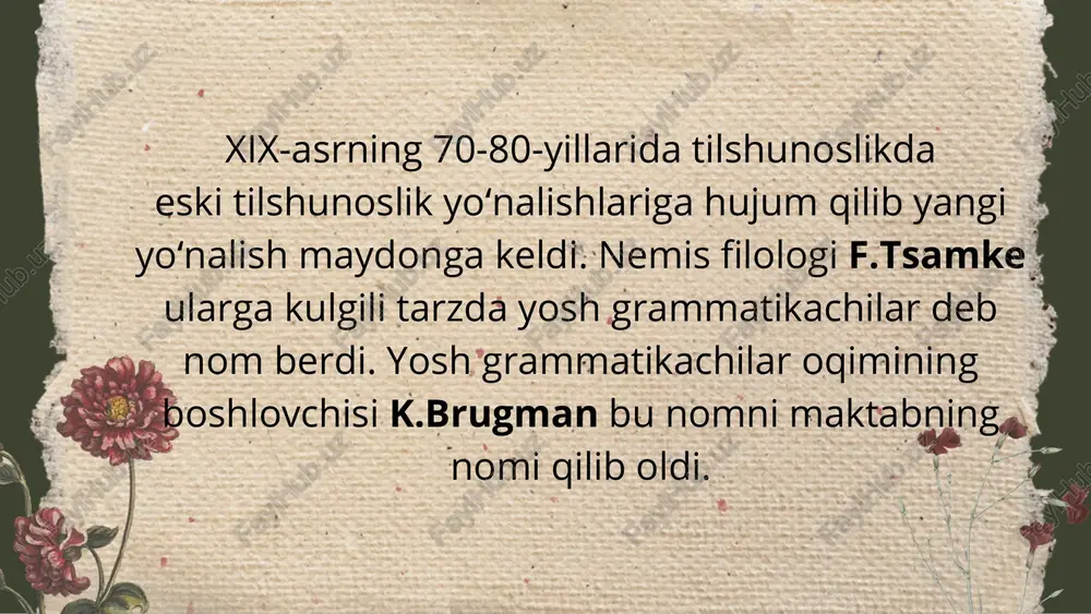 tomonidan chop etilgan. xix asrning 1850-1860 yillarida bu metod avgust shleyxer (1821-1868) va geyman shteyntal (1823-1899)lar tomonidan rivojlantirildi. 1861-1862 yillarda shleyxerning asosiy ilmiy ishi dunyo yuzini ko‘rdi va unda o‘tgan 50-yil davomida bajarilgan hind-yevropa tillarining qiyosiy- tarixiy tadqiqi umumlashtirildi. shteyntal tillarning kelib chiqishi, tillarni tasniflash va tilshunoslik tarixi haqida ilmiy ishlar yozdi. e'tiboringiz uchun raxmat!