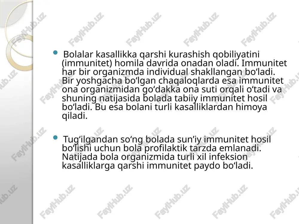 h xavfi bo‘lgan guruhga kiradi. allergiya bunda bolaning aynan nimaga reaksiyasi borligi muhim emas. tibbiyot xodimlari atopik dermatit, oziq-ovqatlar allergiyasi, pollinoz, bronxial astma va burun-xalqum infeksiyalarining hammasi uchun bitta gen javob berishini isbot qildi. u ham nasldan naslga o‘tadi. to’g’ri ovqatlanmaslik bola ratsionida vitaminlar, oqsil, mikroelementlar, kletchatkalarning kamligi yoki u sun’iy ovqatlar bilan boqilayotgan bo‘lsa, bu immunitet uchun iz qoldirmasdan o‘tib ketmaydi. noto’g’ri yashash tarzi agar bola uyda o‘tirsa, kamdan-kam sayrga chiqsa, sport bilan shug‘ullanmasa va toza havoda faol o‘yinlar o‘ynamasa uning virusga chalinish xavfi yuqoriroq bo‘ladi. jamoat transportlarida ko‘p yuradigan, yopiq joydagi guruhlar ichida ko‘p shug‘ullanadigan, bolalar bog‘chasiga boradigan, turli xil tadbirlarga va odamlar to‘planadigan joylarga ko‘p qatnashadigan bolalar haqida ham xuddi shuni aytish mumkin. /docprops/thumbnail.jpeg mavzu: tez-tez kasallanuvchi > bolalar