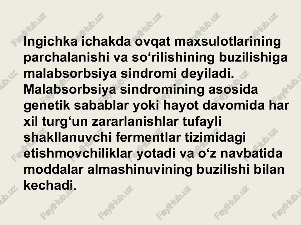 shilliq osti qavati limfa tomirlari va kapillyarlarining zararlanishi oqibatida plazma oqsillarining ichak bo‘shlig‘iga transsudatsiyasi kuchayadi (ekssudativ enteropatiya). ichak bo‘shlig‘i malabsorbsiyasi ichak bo‘shlig‘i malabsobsiyasida ko‘proq yog‘larning parchalanishi va hazm bo‘lishi buziladi, chunki yog‘lar gidrolizi asosan oshqozon osti bezi fermenti lipazaning o‘t suyuqligi ishtirokida faollashuvi natijasida amalga oshadi. shuning uchun ichak bo‘shlig‘i malabsorbsiyasining asosiy koprologik belgisi pankreatik tipdagi neytral yog‘lar, ya’ni steatoreya hisoblanadi. mukovissidoz (oshqozon osti bezining kistofibrozi) mukovissidoz bu “mucus”-shilliq, “viscidus”- yopishqoq so‘zlaridan olingan. mukovissidoz eng ko‘p uchraydigan monogen kasallik bo‘lib cftr (oqsillarni transmebran regulyasiyasini amalga oshiruvchi) genining mutatsiyasi oqibatida rivojlanadi va asosida hayotiy muhim a’zolar va sistemalar ekzokrin bezlarining sistemali zararlanishi yotadi. mukovissidozda aksariyat hollarda oshqozon osti bezi, ichaklar va o‘pkadagi bezlarning zararlanishi (funksiyaning buzilishi), shilliq bezlari yo’lining o‘ta quyuq sekret bilan berkilib qolishi natijasida rivojlanadigan klinik manzaralarning paydo bo‘lishi bilan ifodalanadi. bu kasallikning klinik manzarasini birinchi marta (1936 yilda) u.fankoni yozib qoldirgan. patogenezi kasallik rivojlanishining asosida shiliq bezlarning suyuqligini …