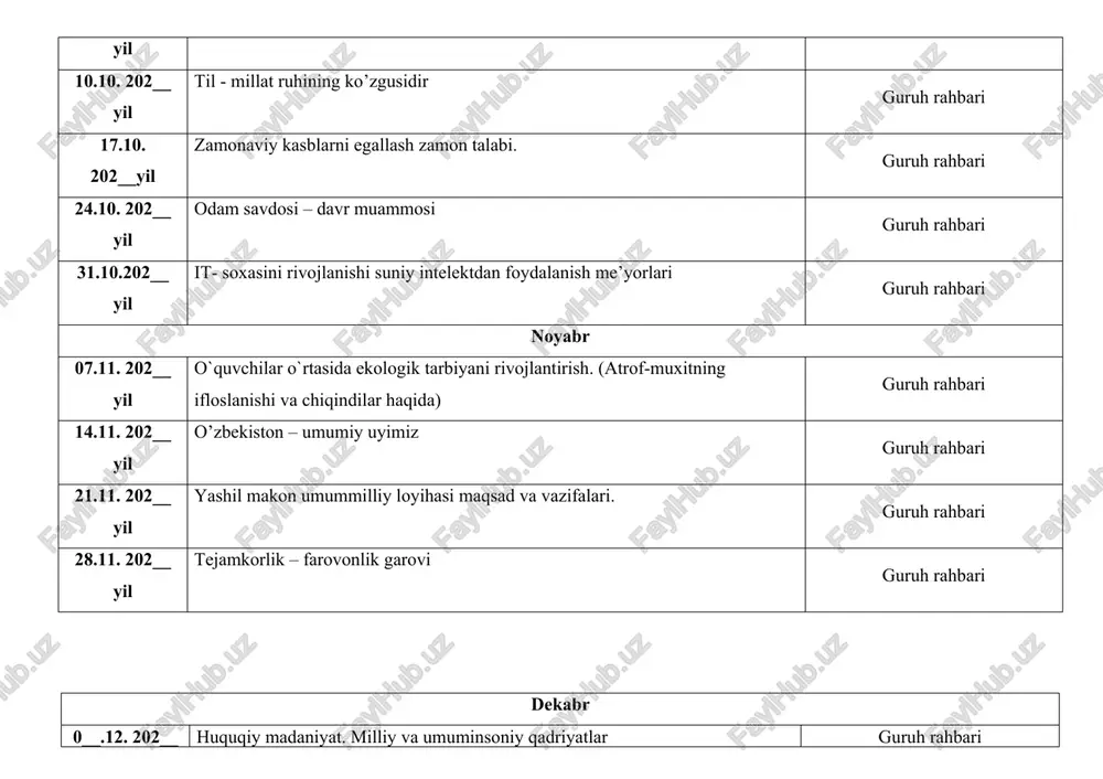 y tomonlari xaqida. guruh rahbari 30.01.2026 yil teatr-ibratxonadur (o’quvchilarni teatrlarga tashriflarini tashkillash) guruh rahbari fevral 06.02.2026 yil alisher navoiy sheriyatida insoniylik g’oyasi. guruh rahbari 13.02.2026 yil boburning axloqiy-falsafiy qarashlari guruh rahbari 20.02.2026 yil sog`lom turmush tarzida sportning o`rni guruh rahbari 27.02.2026 yil dunyo tarixida o’chmas iz qoldirgan ayollar guruh rahbari mart 06.03.2026 yil ayol aziz, ona muqaddas! guruh rahbari 13.03.2026 yil navro’z – shodlik va ezgulik bayramidir guruh rahbari 20.03.2026 yil bog’lar yaratib-yurtni obod etamiz.(yashil makon umummilliy loyihasi doirasida hasharlar.) guruh rahbari 27.03.2026 yil milliylik millat ramzi! xon atlas festivallarini tashkil etish. aprel 01.04.2026 yil amir temur buyuk sarkarda va davlat arbobi. guruh rahbari 08.04.2026 yil ii- renesans davri va unug ahamiyati. guruh rahbari 1__.04.2026 yil mahalla: o’tmishda shakllanishi va rivojlanish bosqichlari guruh rahbari 22.04.2026 yil axloq, ekologik madaniyat guruh rahbari may 0__.0__.2026 yil xotira va qadrlash barchamiz uchun muqaddas. guruh rahbari 12.0__.2026 yil badiy asarlar-tafakkurni charxlaydi. guruh rahbari 19.0__.2026 …