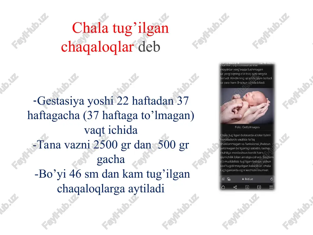 metiarizmga moyil. chala tug’ilgan chaqaloq belgilari nafas olish sistemasi -yetilmagan, surfaktant noaktiv, -alveolalar to’la ochilmagan. -nafas yo’llari tor va kalta, pnevmopatiyalar va pnevmoniyalar rivojlanishiga moyil chala tug’ilgan chaqaloq belgilari yurak qon tomir yurak chegarasi kengaygan, tonlar bo’g’iqlashgan,taxikardiya. ekgda o’ng qorincha zo’riqishi, gis tutam o’ng oyoqchasi blokadasi, repolyarizatsaya jarayonining buzulishi, tishlar voltajini pasayishi. embriokardiya kuzatiladi chala tug'ilgan bolalarda yangi tug'ilganlik davrining kechishi xususiyatlari chala tug'ilganlarda yangi tug'ilganlik davri postkontseptual (gestatsion + postnatal) yoshni hisobga olganda 28 kundan ko'p davom etadi. masalan, agar bola 32 haftalik gestatsiya muddatida tug'ilsa, unda uning hayoti 1 oyida gestatsion yoshi 32 + 4 = 36 haftani tashkil qiladi. chala tug'ilganlarda bukuvchi mushaklarda mushak tonusining oshishi odatda hayotining 1-2 oylarida paydo bo'ladi. sog'lom tana vazni 1500 g gacha bo'lgan chala tug'ilgan bolalarda so'rish refleksi hayotining 1-2 haftasida, tana vazni 1500 g dan 1000 g gacha bo'lganlarda hayotining 3-haftasida, 1000 g dan kam vazndagilarda hayotining birinchi oyida paydo …