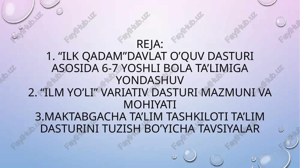 qiziqishlari asosida bilim izlashga o‘rgatiladi. o‘qituvchi faqat bilim beruvchi emas, balki o‘rgatuvchi va yo‘naltiruvchi rolini bajaradi. 7. madaniy va milliy qadriyatlar asosida tarbiya dasturda milliy madaniyat, an'analar, urf-odatlarga hurmat bilan yondashish, ularni bolalarga singdirish muhim o‘rin tutadi. o‘zbek xalq ertaklari, qo‘shiqlari, bayramlari va milliy qadriyatlar orqali ta’lim mazmuni boyitiladi. dars namunasi yosh guruhi: 6–7 yoshli bolalar mavzu: atrof-muhitni o‘rganish: "bahor fasli" mashg‘ulot turi: integrativ — nutq rivojlantirish, tasviriy san'at va atrof-muhit bilan tanishuv maqsad: bolalarga bahor faslining xususiyatlarini tushuntirish. nutq faolligini oshirish. tafakkur va tasavvurni rivojlantirish. mustaqil fikrlash va ifodalash ko‘nikmalarini shakllantirish. darsning tuzilishi: 1. tashkiliy qism (5 daqiqa) salomlashish. yengil jismoniy mashqlar (ko‘chib kelayotgan bahorni ifodalovchi harakatlar). 2. kiruvchi suhbat (10 daqiqa) tarbiyachi savollar beradi: "bolajonlar, qaysi fasl keldi?" "bahorda tabiatda qanday o‘zgarishlar bo‘ladi?" "hayvonlar va o‘simliklar bahorda nima qiladi?" bolalar fikrlaydi, javob berishadi. tarbiyachi javoblarni umumlashtiradi va to‘ldiradi. 3. asosiy faoliyat (20 daqiqa) nutq rivojlantirish topshirig‘i: bolalarga bahor …