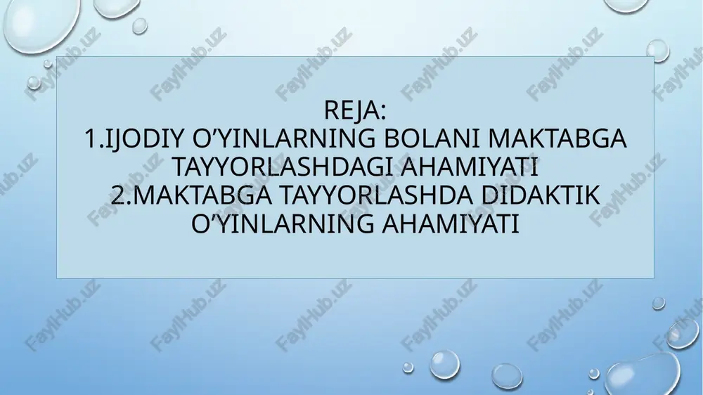 hida katta ahamiyatga egadir. shunday qilib o’yinning ijtimoiy voqea ekanligini, o’yinda tevarak-atrofdagi borliq aks ettirilishini ilg’or olim va pedagoglar o’zlarining kuzatish va ilmiy tadqiqotlari orqali isbotlab berdilar. 1.bolalarni maktabga tayyorlashda o‘yin juda muhim ahamiyatga ega. bu nafaqat ularning bilim va ko‘nikmalarini shakllantirishga, balki psixologik va ijtimoiy tayyorgarlikka ham yordam beradi. quyidagi jihatlarni alohida ta’kidlash mumkin: psixologik tayyorgarlik: o‘yin bolaning stressni yengillashtirishiga, o‘zini erkin his qilishiga, yangi vaziyatlarga moslasha olishiga yordam beradi. bu maktabdagi yangicha muhitga osonroq ko‘nikishga zamin yaratadi. tasavvur va ijodkorlik: rolli o‘yinlar bolalarda tasavvur va ijodiy fikrlashni rag‘batlantiradi. bu esa keyingi o‘quv faoliyatida ijodiy yondashuvni shakllantiradi. jismoniy rivojlanish: harakatli o‘yinlar orqali bola muvofiqlashtirish, tezlik, kuch va chidamlilik kabi jismoniy fazilatlarni rivojlantiradi. ijtimoiy ko‘nikmalar: guruh bo‘lib o‘ynash bolalarni boshqalar bilan muloqot qilish, navbat kutish, o‘z fikrini ifodalash va kelishuvga erishishga o‘rgatadi. kognitiv rivojlanish: o‘yin orqali bolalar ranglar, shakllar, sonlar, harflar va boshqa asosiy tushunchalarni o‘zlashtiradi. mantiqiy fikrlash, xotira va …