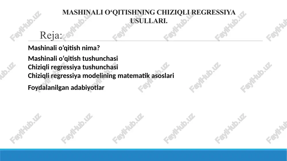 ish turlari o’qituvchili o’qitish (supervised learning) – bu modelni xususiyatlari aniq bo’lgan ma’lumotlar bilan o’qitish. (regressiya, sinflashtirish) supervised o’qituvchisiz o’qitish (unsupervised learning) – bu modelni xususiyatlari aniq bo’lmagan ma’lumotlar bilan o’qitish.(klasterlash) unsupervised semi-supervised learning – bu modelni ham aniq ham aniq bo’lmagan xususiyatli ma’lumotlar bilan o’qitishdir. semi- supervised reinforcement – bu o’qitishning mukammal usuli bo’lib, bunda model o’zini-o’zi qayta o’qitish va natijalarni yaxshilash imkoniyatiga ega bo’ladi. reinforcement chiziqli regressiya tushunchasi. chiziqli regressiya — bu statistik va mashinali o‘qitishda keng qo‘llaniladigan bashoratlash modeli bo‘lib, u bir yoki bir nechta mustaqil o‘zgaruvchilar (x) asosida bog‘liq o‘zgaruvchi (y) ni taxmin qilish imkonini beradi. modelning asosiy vazifasi — o‘zgaruvchilar orasidagi chiziqli bog‘lanishni aniqlash va ifodalashdan iborat. chiziqli regressiya o‘zining soddaligi, tushunarli matematik modeli va tez bajarilishi tufayli ko‘plab real hayotiy masalalarda muvaffaqiyatli qo‘llaniladi. u quyidagi ikki asosiy turga bo‘linadi: oddiy chiziqli regressiya – faqat bitta mustaqil o‘zgaruvchi mavjud bo‘ladi. ko‘p o‘zgaruvchili chiziqli regressiya – …