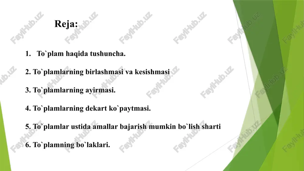 lar; cheksiz to‘plamlar va bo’sh to’plamlar. masalan, auditoriyadagi talabalar to‘plami-chekli to‘plam, barcha natural sonlar (1, 2, 3, ...) to‘plami esa cheksiz to‘plam. matematikada ko‘pincha sonli to‘plamlar, ya’ni elementlari sonlardan iborat bo‘lgan to‘plamlar ishlatiladi. maktab matematika kursidan bilamizki, ular ma’lum belgilar bilan belgilanadi: n – barcha natural sonlar to‘plami; z – barcha butun sonlar to‘plami; q – barcha ratsional sonlar to‘plami; r – barcha haqiqiy sonlar to‘plami c – barcha kompleks sonlar to‘plami. odatda to‘plam elementlarini ko‘rsatib yozish uchun katta qavs (figurali qavs – {}) dan foydalaniladi. masalan, n = {1, 2, 3, …..n, ….} z = {…., -n, …., -3, -2, -1, 0, 1, 2, 3, ….., n, …..} chekli to‘plam bitta yoki bir nechta elementdan tashkil topgan bo‘lishi yoki hatto bitta ham elementga ega bo‘lmasligi mumkin. bitta ham elementga ega bo‘lmagan to‘plam bo‘sh to‘plam deyiladi va {ø} belgi bilan belgilanadi. masalan, ma’lum auditoriyadagi talabalar ichidan familiyalari a harfi bilan …