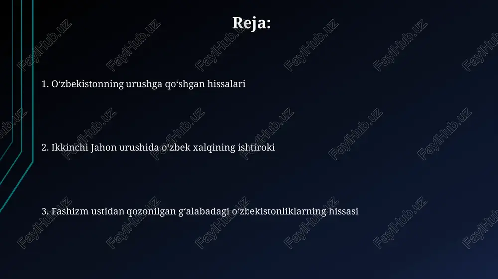 strategik ahamiyatga ega bo‘lgan yo‘nalishlarda harbiy texnika ta'mirlash bo‘yicha muhim ishlarni amalga oshirdi, 200 dan ortiq ta'mirlash ustaxonalari ishladi. ikkinchi jahon urushi davrida o‘zbekiston 1,5 million tonnadan ortiq paxta, 200 mingdan ortiq ot va boshqa qishloq xo‘jaligi mahsulotlarini ittifoqdosh davlatlarga yubordi, bu urush sa'y-harakatlariga muhim hissa qo‘shdi. o‘zbekiston frontga yuborgan inson resurslari o‘zbekiston frontga nafaqat askarlar, balki tibbiyot xodimlari, muhandislar, aloqa xodimlari va boshqa mutaxassislarni ham yuborgan, ularning umumiy soni yuz minglab odamni tashkil qilgan. urush yillarida o‘zbekistonning harbiy sanoati front ehtiyojlari uchun katta miqdorda qurol-yarog‘, o‘q-dorilar va boshqa harbiy texnika yetkazib bergan, bu ishlab chiqarish hajmi yillar davomida sezilarli darajada oshgan. o‘zbekistondagi harbiy tayyorgarlik respublikada 100 dan ortiq harbiy-sanoat korxonalari faoliyat ko‘rsatib, front uchun zarur bo‘lgan qurol-yarog‘ va harbiy texnika ishlab chiqargan. ikkinchi jahon urushi davrida o‘zbekistonda 1,5 milliondan ortiq askar va ofitser tayyorlangan bo‘lib, ularning aksariyati frontga yuborilgan. urush davridagi o‘zbekiston qahramonlari ikkinchi jahon urushi davrida frontga 1,5 …