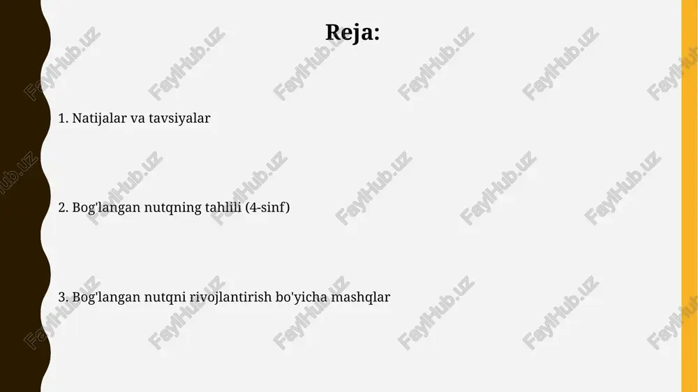 arining she’r o‘qish va yodlash jarayonida 20-30% hollarda intonatsiya va pauza qo‘llashdagi qiyinchiliklar kuzatiladi, bu esa nutqning bog‘lanishini pasaytiradi. she’r o‘qish va yodlash mashg‘ulotlarida 80% vaqt interaktiv o‘yinlarga, 20% esa individual ishlarga ajratish bolaning diqqatini oshiradi va yaxshi natijalarga olib keladi. tinglash va takrorlash mashqlari tinglash va takrorlash mashqlarida 4-sinf o'quvchilariga 5-10 ta gapdan iborat matnlarni dikkat bilan tinglab, so'ng to'liq takrorlashni talab qilish nutq ritmi va tembrini yaxshilaydi. so'zlarni bog'lab o'qishdagi 3-5 ta xato turini aniqlab, ularni to'g'rilaydigan takroriy mashqlar fonematik tahlil ko'nikmalarini mustahkamlaydi va nutq ritmini yaxshilaydi. mashqlar turlari bog'langan nutqni yaxshilash uchun she'rlarni ifodali o'qish, 3-5 ta qatorli paragraflardan iborat matnlarni hikoya qilish, intonatsiya va pauzalarga e'tibor qaratish tavsiya etiladi. o'quvchilarga 10-15 ta so'zdan iborat sodda gaplarni turli intonatsiya bilan o'qish va ularni bog'langan holda gaplashish mashqlari nutqning suyuqligi va ravshanligini oshiradi. reduksiya va elitsiya reduksiya va elitsiya hodisalari 4-sinf o'quvchilarining 50% dan ko'prog'ida kuzatilib, ularning nutqining …