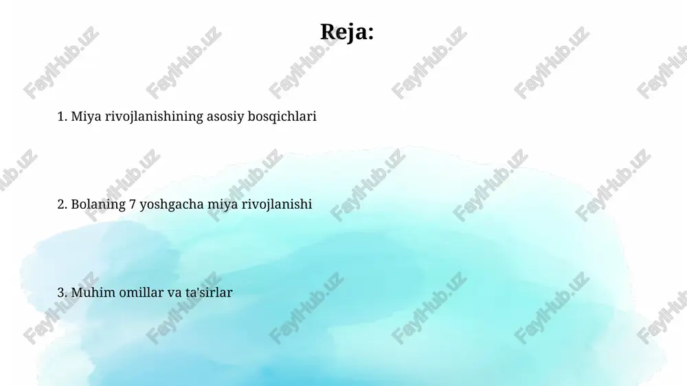 r o'rtasidagi aloqalar shakllanadi va bu bolaning o'rganish va bilish qobiliyatining asosini tashkil etadi. muhim rivojlanish bosqichlari va vazifalari 0-3 yoshdagi bola miyasida neyronlarning tezkor rivojlanishi va sinaptogenez jarayoni kuzatiladi, bu esa asosiy motor funktsiyalarni, tilni va ijtimoiy-emotsional rivojlanishni shakllantiradi. 3-6 yosh oralig'ida prefrontal qobiqning faolligi oshib, diqqatni jamlash, xotira va ijtimoiy xulq-atvorni boshqarish kabi ijro funktsiyalari yaxshilanadi. misol uchun, 5 yoshdagi bola 20 dan ortiq so'zli gaplarni tushuna boshlaydi. miya rivojlanishini qoʻllab-quvvatlash usullari 4-7 yosh oralig'ida murakkab vazifalar, mantiqiy o'yinlar va ijodiy faoliyatni qo'llab-quvvatlash orqali bolaning kognitiv funksiyalarini, xususan, e'tibor va xotirasini rivojlantirishga e'tibor qaratish lozim. kuniga kamida 1 soat ochiq havoda o'ynash va jismoniy faoliyat bilan shug'ullanish bolaning miya qon aylanishini yaxshilaydi va kognitv funksiyalarini 20% ga oshirishi mumkin. 3 yoshdan 5 yoshgacha miya rivojlanishi 3-5 yoshdagi bola miyasida lug'at boyligi tez sur'atlarda o'sadi, kuniga o'rtacha 10-20 ta yangi so'z o'zlashtiriladi, bu esa leksik-grammatik rivojlanishning muhim ko'rsatkichi hisoblanadi. …