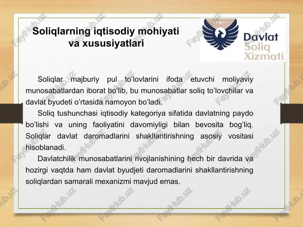 ’risidagi qonun hujjatlarida soliq to’lovchilar, shuningdek ushbu soliq yoki boshqa majburiy to’lovni hisoblab chiqarish va to’lash uchun zarur elementlar belgilab qo’yilgan taqdirdagina belgilangan deb hisoblanadi. soliqlar va boshqa majburiy to’lovlarning elementlari quyidagilardir: - soliq solish ob’ekti; - soliq solinadigan baza; - stavka; - imtiyoz; - hisoblab chiqarish tartibi; - soliq davri; - soliq hisobotini taqdim etish tartibi; - to’lash tartibi. o’zbekiston respublikasi soliq tizimida amalda bo’lgan soliqlar va boshqa majburiy to’lovlar o’zbekiston respublikasining soliq kodeksiga muvofiq uning hududida bir qator soliqlar va boshqa majburiy to’lovlar amal qiladi, ya’ni ularga: umumbelgilangan soliqlar: 1. yuridik shaxslardan olinadigan foyda solig’i; 2. jismoniy shaxslardan olinadigan daromad solig’i; 3. qo’shilgan qiymat solig’i; 4. aktsiz solig’i; 5. er qa’ridan foydalanuvchilar uchun soliqlar va maxsus to’lovlar; 6. suv resurslaridan foydalanganlik uchun soliq; 7. mol-mulk solig’i; 8. er solig’i; 9. obodonlashtirish va ijtimoiy infratuzilmani rivojlantirish solig’i; 10. transport vositalariga benzin, dizel yoqilg’isi va gaz ishlatganlik uchun olinadigan soliq. …
