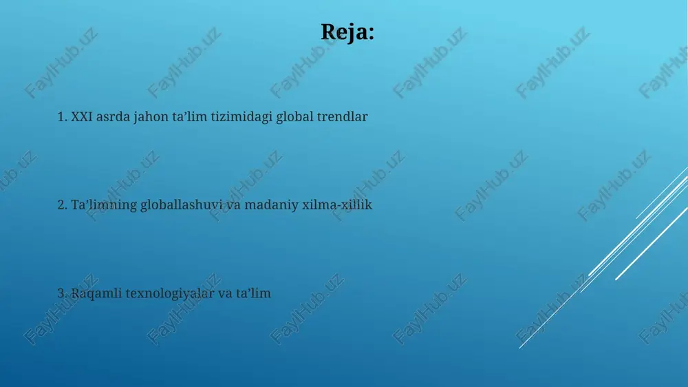 atformalarining soni 2010 yildan beri 5 barobar oshdi va bu texnologiyaning rivojlanishi va global ulanishning yaxshilanishi bilan bog'liq. ma'lumotlar tahlili va shaxsiylashtirilgan ta'lim ma'lumotlar tahlili orqali o'quvchilarning kuchli va kuchsiz tomonlarini aniqlash va ularga moslashtirilgan ta'lim dasturlarini yaratish imkoniyati 30% ga oshdi, bu esa o'qish natijalarini sezilarli darajada yaxshilaydi. dunyo miqyosida 500 dan ortiq ta'lim muassasasi o'quv jarayonini yaxshilash va o'quvchilarning muvaffaqiyatini oshirish uchun katta hajmdagi ma'lumotlarni tahlil qilish va shaxsiylashtirilgan ta'lim texnologiyalaridan foydalanmoqda. ta'limni moliyalashtirish ta'limni moliyalashtirishda davlat byudjetidan ajratmalar 2000-yildan beri o'rtacha 15% ga o'sdi, biroq bu ko'rsatkich rivojlangan mamlakatlarnikiga nisbatan ancha past. xususiy sektorning ta'limga investitsiyalari, xususan, oliy ta'lim sohasida, 2010-yildan buyon 2 baravar ko'paygan bo'lib, bu raqam 5 milliard dollardan oshadi. globalizatsiya ta'siri xalqaro ta'lim almashinuvi darajasi 1990 yilga nisbatan 3 baravarga oshdi, bu etnomadaniy xilma-xillikni oshirdi va global raqobatbardoshlikni rivojlantirdi. jahonlashuv ta'siri natijasida 2000-yildan buyon onlayn ta'lim platformalari soni 500% ga oshdi, bu esa millionlab …