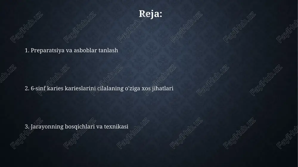 ksiz suv oqimi bilan sovutish orqali, issiqlik to'planishini samarali nazorat qilishga yordam beradi. yuqori tezlikli burg'ulardan foydalanganda, 1000-2000 rpm oralig'ida past tezlikni saqlash issiqlik hosil bo'lishini sezilarli darajada kamaytiradi va pulpa shikastlanishining oldini oladi. profilaktika va kelajakdagi davolash rejalari profilaktika tekshiruvlarini har 6 oyda bir marta o'tkazish, erta bosqichdagi kariesni aniqlash va davolashga imkon beradi, og'iz bo'shlig'i gigienasini yaxshilash bo'yicha tavsiyalar bilan birga. 6-yoshli bolalarda kariesli bo'shliqlarni abraziv vositalar bilan 2000-3000 aylanish tezligida 2-3 minut davomida polishlash, yuzaga silliq sirt hosil qilib, bakteriyalar ko'payishini kamaytiradi. murakkab holatlar va ularning yechimi karies jarayoni emal-dentin chegarasidan o'tib, pulpa yaqiniga yetgan murakkab holatlarda, pulpaning yallig'lanishini oldini olish uchun kalsiy gidroksidli dasturlash qo'llaniladi. 3 dan ortiq yuzasi shikastlangan murakkab karieslarda, kompozit materiallar bilan qoplashdan oldin, adheziv tizimning 3 bosqichli qo'llanilishi muhim ahamiyatga ega. turli abraziv vositalarning xususiyatlari turli abraziv vositalarning zarracha o'lchamlari 1-50 mkm oralig'ida o'zgarib turadi, bu esa sirt silliqlash darajasini va kavitatsiya …
