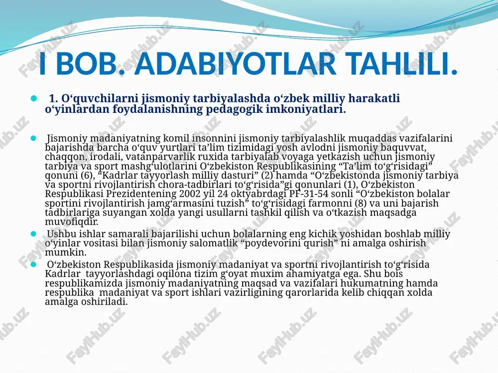 gi oqilona tizim g‘oyat muxim ahamiyatga ega. shu bois respublikamizda jismoniy madaniyatning maqsad va vazifalari hukumatning hamda respublika madaniyat va sport ishlari vazirligining qarorlarida kelib chiqqan xolda amalga oshiriladi. 2. 7-8 yoshli bolalar jismoniy tarbiyasining ijtimoiy-ruhiy asoslari. jismoniy madaniyat tarbiya jarayonida bu vazifalarni muvaffaqiyatli hal etish uchun tarbiyaning bir-biri bilan o‘zaro bog‘langan har birining mazmuni, vositalari, shakl va usullarining o‘ziga xos xususiyatlarini tushunish kerak bo‘ladi. bizning ilmiy tadqiqot ob’yektimiz bo‘lgan o‘zbek xalq milliy o‘yinlarida boshlang‘ich sinf o‘quvchilarining jismoniy sifatlarini tarbiyalashda ham ana shu o‘ziga xosliklarni hisobga olish zarurligi kelib chiqadi. pedagogikada qabul qilingan yosh davrlaridan biz uchun eng muhimi kichik maktab yoshidir. har bir yosh guruhiga jismoniy va ruhiy rivojlanishining muayyan darajasi mos keladi. 3. boshlang‘ich sinf o‘quvchilari jismoniy tarbiya darslarida milliy o‘yinlardan foydalanishning muhim omillari. sog‘lom turmush tarzi inson madaniy, jismoniy, rivojlanishi, mehnat unumdorligi va ijodiy faoliyatini oshirishni o‘z ichiga olib, o‘quvchilarni xar tomonlama garmonik yetuk, faol shaxs qilib …