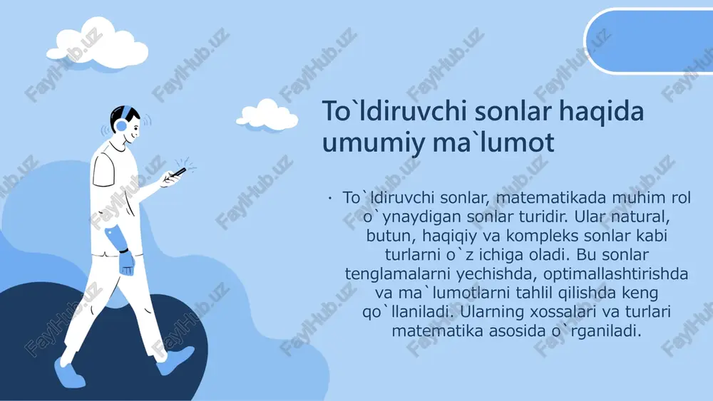 bilan ularning qo`llanilishi kengayadi. amaliy mashqlar esa bu sohada chuqurroq tushuncha hosil qilishga yordam beradi. to`ldiruvchi sonlar bilan amaliy mashqlar to`ldiruvchi sonlar bilan ishlashda asosiy qoidalar: ularning xossalarini tushunish va to`g`ri tanlash muhim. bu sonlar yordamida algebraik va analitik masalalarni hal qilish mumkin. amaliy mashqlarni yechishda muammoni to`g`ri tahlil qilish va to`ldiruvchi sonlarni aniqlash zarur. bosqichma-bosqich yechim va har bir qadamni tekshirish muhim. misollar va yechimlar orqali tushuntirish: algebraik tenglamalar yoki funksiyalarni to`ldiruvchi sonlar yordamida yechish mumkin. amaliy mashqlarni yechish jarayoni mashqni o'qish va tushunish: muammoning shartlari va talablarini diqqat bilan o'rganish. qadamlar bo`yicha yechish usullari: muammoni bo`laklarga ajratish, har bir qism uchun yechim topish va natijalarni birlashtirish. natijalarni tekshirish va tahlil qilish: yechimlar to'g'riligi va muammoning umumiy yechimini tekshirish uchun tahlil qilish. misollar va yechimlar har xil to`ldiruvchi sonlar misollari misol: 3, 5, 7; yechim: ularning eng kichik umumiy bo`luvchisi 105. yechim jarayoniga kirish misol: 4 va 6 uchun …