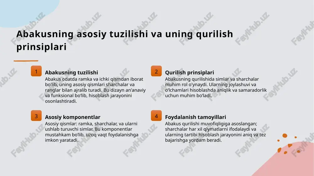 2 amaliy misollar oddiy qo‘llanma va misollar yordamida abakus bilan hisoblashni o‘rganish mumkin. misollar orqali raqamlar va operatsiyalarni tez va samarali bajarish ta’lim jarayonining ajralmas qismidir. 3 texnik qoidalar abakusni to‘g‘ri ishlatish uchun qurilma tuzilishi va harakat tartibini bilish zarur. bu bilimlar yordamida maksimal samaradorlik va aniq natijalarga erishish mumkin. sanoq cho`plarining turlariga kirish: har xil dizayn va funktsiyalar 1 sanoq cho`plarining dizayni sanoq cho`plarining dizayni turli xil bo`lib, ular har xil vazifalar va hisoblash usullariga moslashtirilgan. ba’zi dizaynlarda, har bir cho`pning o`lchami va shakli farq qiladi, bu esa foydalanishni osonlashtiradi. 2 funktsional farqlar sanoq cho`plarining funktsional imkoniyatlari ularning turiga bog`liq. ba’zi cho`plar faqatgina oddiy hisob uchun, boshqalar esa murakkab matematik jarayonlar uchun mo`ljallangan. 3 dizayn variantlari abakusdagi sanoq cho`plarining dizayni turli bo`lib, ular ko`pincha an’anaviy, zamonaviy yoki maxsus sharoitlarga moslashtirilgan. har biri o`ziga xos ishlash usuliga ega. 4 foydalanish uchun tavsiyalar har xil dizayn va funktsiyalar bilan tanishish, ularning …