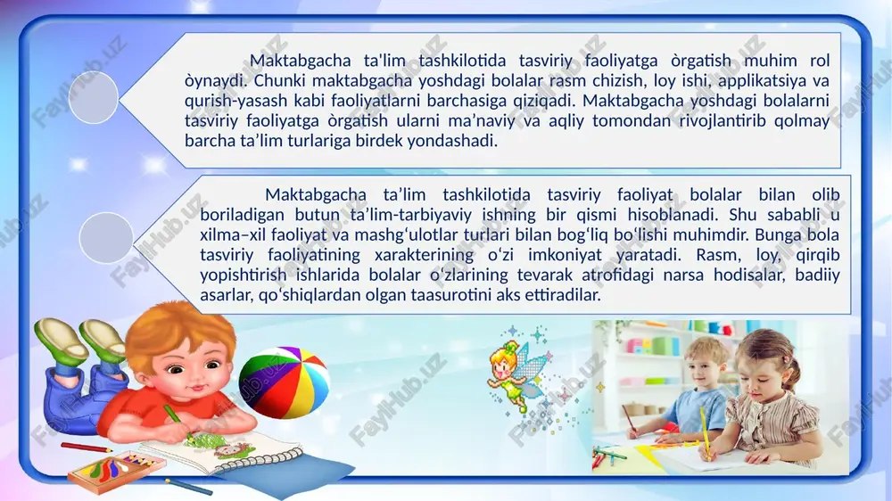 g’lomlashtirish davri davomida tasviriy faoliyat 1 4 36 tasviriy faoliyat 1 4 12 konstruksiyalar tuzish/applikatsiya 1/1 2/2 18/18 konstruksiyalar tuzish/applikatsiya 1/1 2/2 6/6 loydan yasash 1 4 36 loydan yasash 1 4 12 katta (5-6 yoshdagi) guruhda tasviriy faoliyat bo'yicha mashg'ulotlarni rejalashtirish, yuqoridagilardan tashqari, mashg'ulot qanday materiallar bilan o'tkazilsa, maqsadga muvofiq bo'lishini ham tarbiyachi nazarda tutmog'i lozim. masalan, loy bilan ishlashda - loy yoki plastilin, rasm chizishda - guash, rangli qalam, ko'mir tayoqchasi va hokazo. shuningdek, tarbiyachi mashg’ulotning dastur mazmunini tanlashda, bolalarga qanday predmetlarni chizdirish haqida emas, balki shu predmetni chizdirish yoki loydan yasattirish orqali qanday bilim va ko'nikma berish yoki o'rgatish haqida ko'proq o'ylashi lozim. ixtiyoriy mashg'ulotlarni rejalashtirishda esa tarbiyachi bolalarning mustaqilligini, ijodiy qobiliyatlarini rivojlantirishga yordam beruvchi o'rgatish usullari to'g'risida o'ylab olishi kerakdir. maktabgacha ta'lim tashkilotlarida tasviriy faoliyat bo’yicha – - tarbiyaviy ishlar tizimini rivojlantirish; - yaratilgan shart-sharoitlarni yaxshilash; - bolalarning tasviriy ko'nikma va malakalarini shakllantirish; - bolalarning yoshi …