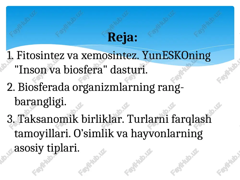 anik birikmalarning biosintez qilinish jarayoni. kimyoviy tarkibi jihatdan yer yuzasi bir xil emas. shu sababli v.i. vernadskiy va uning shogirdlari quruqlik yuzasini biogeokimyoviy zonalarga (regionlarga) va biokimyoviy proventsiyalarga (subregionlarga) bo’ladilar. biokimyoviy zonalar bir-biridan tuproq, o’simlik tarkibidagi kimyoviy elementlar miqdori, shuningdek, organizmlarning biogeokimyoviy muhit-muhitga o’zgaruvchanlik darajasiga ko’ra bo’linadi. biogeokimyoviy regionlar zonal va azonal turlarga bo’linadi. zonal region tuproq tarkibidagi kimyoviy elementlar kontsentratsiyasi shu zona uchun xos bo’lishi, rudali tanalar ustida joylashgan yoki berk botiqlardagi regionlar azonal region hisoblanadi. organizmlarni ma’lum bir belgilari asosida ma’lum bir tartib bilan o’ganish alohida organizmlar sistematikasi fani vazifasiga kiradi. eng asosiy taksanomik birlik bo’lib tur ishlatiladi. bir-biriga yaqin bo’lgan turlar avlodga-avlodlar-oilalarga, oilalar-otryadlarga-hayvonlarda-tartiblarga, otryadlar-sinflarga, sinflar-tiplarga (bo’limga) birlashtiriladi. uzoq vaqtlar davomida tirik organizmlarni faqat o’simliklar olami va hayvonot olamiga ya’ni ikki olamga bulinar edi. keyingi paytda uchta katta o l a m g a bo’linishga kelishib olingan. i. hujayrasiz organizmlar ya’ni viruslar katta olami. ii. prokariotlar yoki yadrosiz …