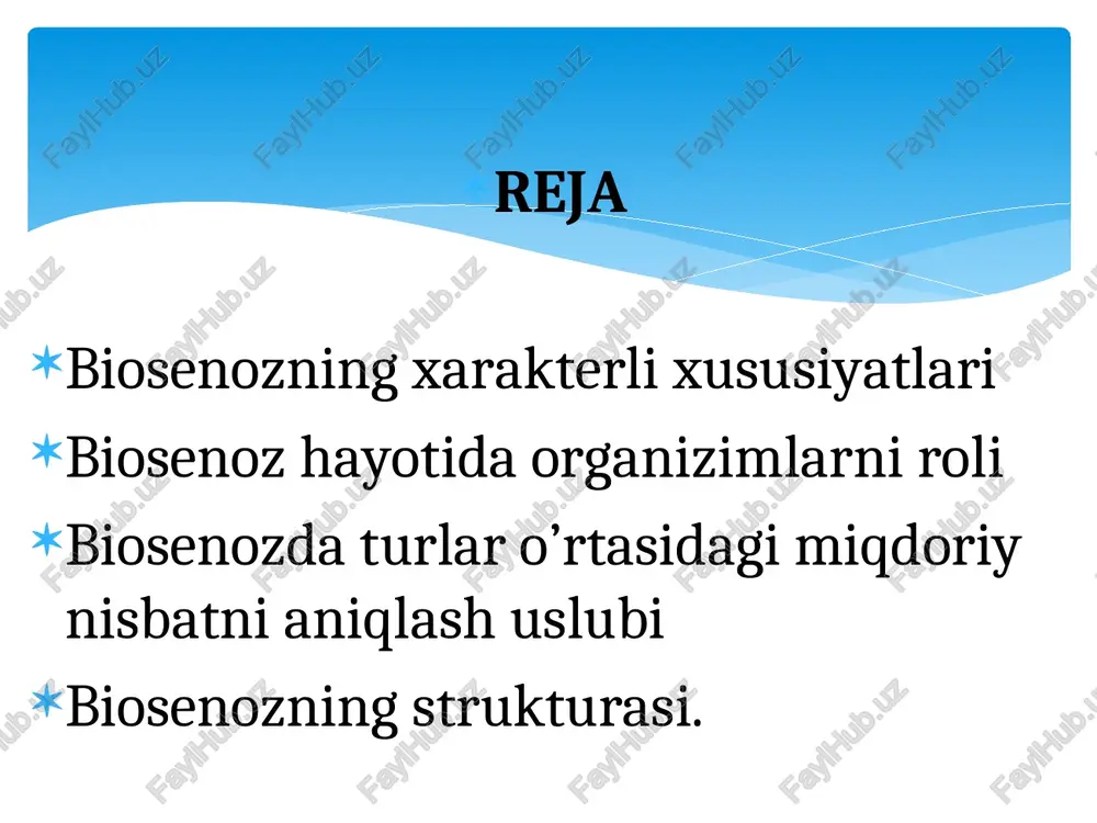 aydonda aniqlaniladi. ma’lum biosenozdagi u yoki bu tur vakillarining yig’indisi o’sha turning populyatsiyasi deb ataladi. shunday qilib, har bir biosenoz xilma-xil turlari populyatsiyasidan iboratdir. biosenozda turlar o’rtasidagi miqdoriy nisbat bir necha usul bilan: absolyut hisoblash va nisbiy hisoblash metodi bilan aniqlaniladi. absolyut hisoblash metodi ma’lum turni faqatgina miqdorini hisobga olib, uni boshqa turga bo’lgan nisbatani hisobga olmaydi. nisbiy hisoblash metodi esa, biosenoz tarkibiga kiradigan turlarni miqdoriy nisbatini hisobga oladi. o’simliklar va hayvonlarni solishtirma ko’pligini baholash natijasida organizmlarni biosenozdagi roliga qarab to’rt kategoriyasini aniqlash mumkin. 1. dominantlar. 2. subdominantlar. 3. ikkinchi darajalilar. 4. uchunchi darajalilar. . dominantlar deb, miqdor jihatdan boshqalar ustidan hukmron bo’lgan turlarga, subdominant deb miqdor jihatdan pastroq bo’lgan ammo o’simlik va hayvonot dunyosida ko’zga ko’rinarli rol o’ynagan turlarga aytiladi. ikkilamchi darajali turlar o’simlik va hayvonot dunyosida yana kamroq rol o’ynaydi. uchlamchi darajali turlar esa, juda kam aralashma hosil qiladi. dominantlik u yoki bu organizimlar gruppasi (mikroskopik, makroskopik o’simliklar, …