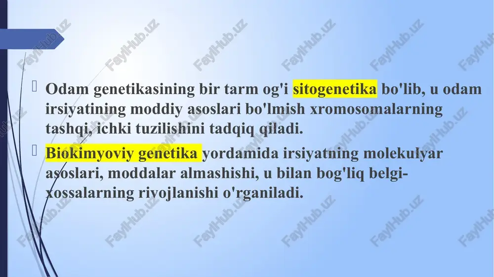 i har xil ekanligi ma’lum bo'ldi. hozirgi davrda avtoradiografiya 5-brom dezoksiuridan tekshirishi, fluoroxrom , gimza bo'yoqlari bilan differension bo‘yashni qo'llash natijasida xromosomalar kattaligi hamda morfologiyasiga qarab yetti guruhga ajratiladi keyingi yillarda dnk zond usulini tadqiqotlarda qo'llash orqali xromosomaning eng kichik qismlarini aniqlash keng yo'lga qo'yildi. odam xromosomalarini o’rganish mitoz bo 'linishning metofazasida amalga oshiriladi. chunki, bu bo'linish fazasida xromosomalar 'hujayranin g markaziy qismida jo y la s h g a n bo'ladi. odam hujayrasidagi 46 ta xromosomaning 44 tasi, ya’ni 22 jufti tuzilish jihatidan bir-biriga o'xshash gomologik xromosomalar sanaladi. ular autosomalar deb ataladi. 23-juft xromosoma ayollarda ikkita x xromosomadan, erkaklarda bitta x va bitta y xromosomadan tashkil topgan. u lar jinsiy xromosomalar deyiladi. ayollardagi ikkita iks (x) xrom osom adan bittasi faol funksiya bajaradi va ayol jinsi shakllanishida asosiy rol o'ynaydi. ikkinchi iks xromosoma spirallashgan holatda bo'lib, faol emas. u «barr tanasi» deb nom lanadi . u hujayra fiksatsiya qilinganda …