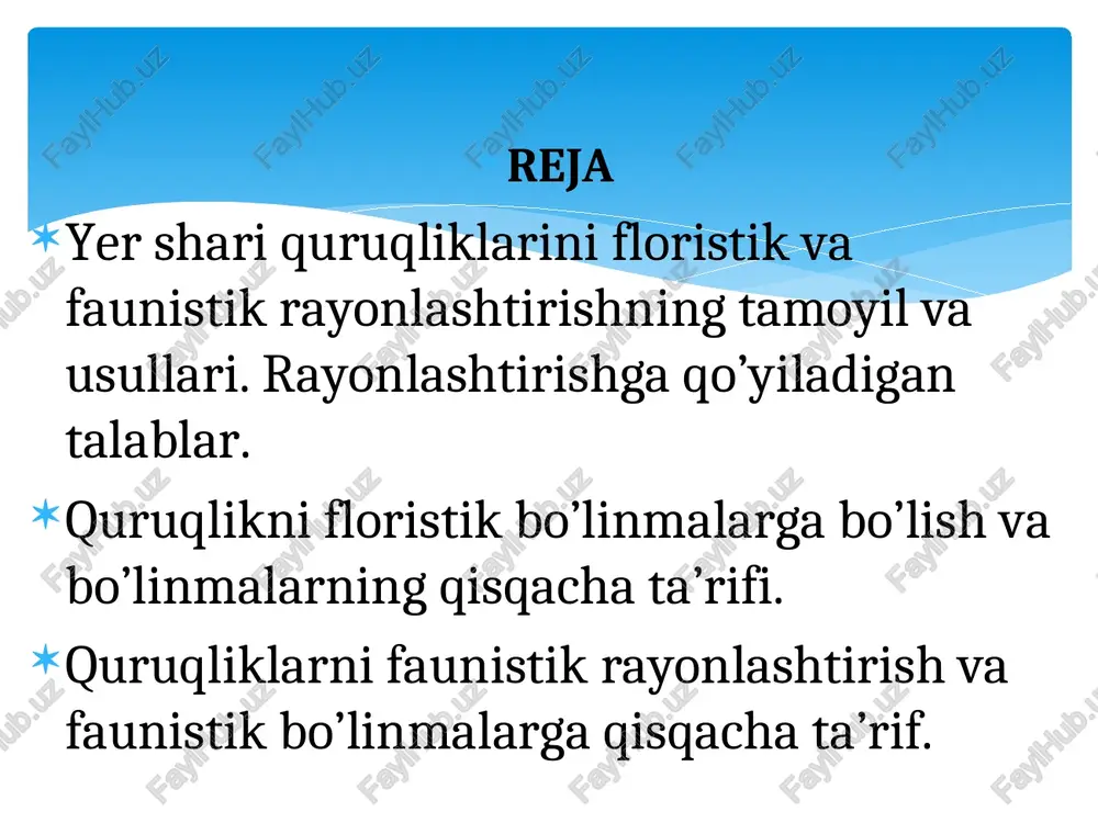 mini, arabiston yarim orolini, chekka janubi-g’arbidan tashqari, hamma maydonini, olamning janubiy chegarasi hind daryosi, himolay tog’lari bo’ylab shimoliy tropikdan shimoldagi barcha osiyo hududlarini qamrab olgan. shimoliy amerikaning barcha notropik maydonini egallab, janubiy chegarasi meksika yassi tog’ligining janubidan o’tadi. golarktika olami yer quruqlik qismining yarmidan ko’prog’ini egallab, 30 ta endem oila uchrashida boshqalardan ajralib turadi. bu oilalarga kiruvchi tur va avlodlar asosan golarktika olamidan tashkarida uchramaydi. golarktika olami a. boreal, b. kuhna o’rtayer dengizi, v. madrean (sonor) kichik olamlariga bo’linadi. boreal kichik floristik olami 1.tsirkumboreal, 2.sharqiy osiyo, 3. atlantika-shimoliy amerika, 4.qoyali tog’lar floristik oblastlaridan iborat. kuhna o’rtayer dengizi kichik olami- 5. makroneziya, 6. o’rta yer dengizi, 7.sahroi kabir-arabiston, 8. eron-turon oblastlariga bo’linadi. madrean (sonor) floristik kichik olami faqat bir 9. madrean floristik oblastidan iborat. shunday qilib, golarktika olami uchta kichik olam va 9 ta floristik oblastlarga bo’linadi. paleotropika olami 5 ta kichik olamga va 12 ta kichik oblastga bo’linadi. g. afrika …