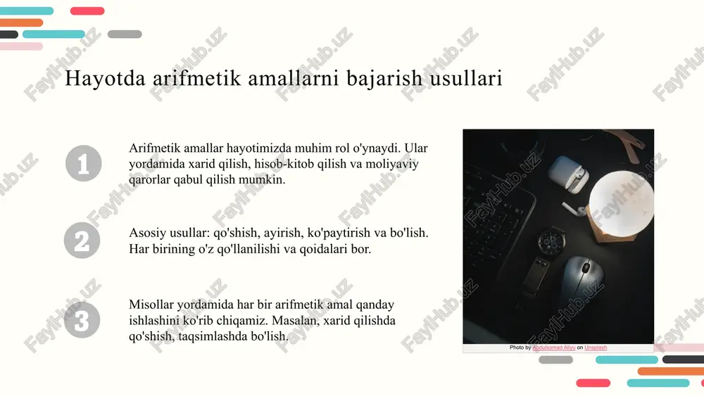aviy texnologiyalar yordamida milliardlab hisob-kitoblar bir soniya ichida amalga oshirilmoqda. bu ilm-fan, ta'lim va sanoatda yutuqlarni ta'minlamoqda. hisoblash imkoniyatlari kengayib, murakkab muammolar hal qilish va ta'lim jarayonini rivojlantirishga yordam bermoqda. photo by goran ivos on unsplash kelajakda arifmetik hisoblash texnologiyalari yangi texnologiyalar va ularning ta'siri kelajakda sun'iy intellekt va yuqori samarali hisoblash tizimlari arifmetik hisoblash jarayonlarini sezilarli darajada tezlashtiradi va aniqlikni oshiradi. misol uchun, kvant hisoblash texnologiyalari ilm-fan va sanoatda inqilobiy o'zgarishlarni keltirib chiqarishi mumkin. sun'iy intellekt va mashinani o'rganish ai algoritmlari arifmetik operatsiyalarni avtomatlashtirish va optimallashtirishda muhim rol o'ynaydi. kelajakda mashinani o'rganish yondashuvlari murakkab matematik muammolarni hal qilishda katta imkoniyatlar yaratadi. amaliyotda arifmetik amallarni avtomatlashtirish arifmetik amallarni avtomatlashtirish muhim, chunki bu inson xatosini kamaytiradi va hisoblash jarayonini tezlashtiradi. texnologiyalar: kalkulyatorlar, dasturlash tillari, matematik paketlar, avtomatlashtirish dasturlari. jarayon bosqichlari: muammoni aniqlash, texnologiyani tanlash, ishlab chiqish, test qilish. misollar: moliyaviy hisob-kitoblar, muhandislik dizayni, ilmiy tadqiqotlar, bu jarayonlarni samarali qilishga yordam beradi. …