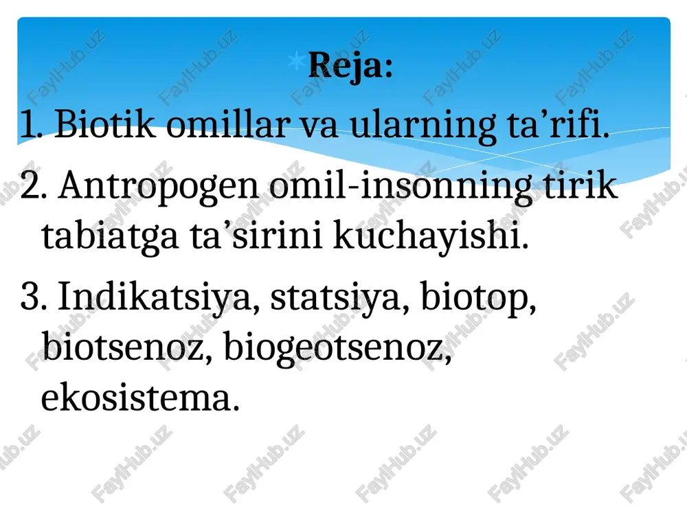 larida va barglarida saqlab, qurg’oqchil mavsumda namlik to’playdilar. kaktus, agava galapogos orollaridagi toshbaqalar va avstraliya baqalari yomg’ir mavsumida namlik zaxiralab, qurg’oqchil mavsumda sarflanadi. g l o g e r qoidasi- sut emizuvchi hayvonlarning qurg’oqchil sharoitda yashaydigan tur va kichik turlari ochiqrok rangda bo’ladi, gumid rayonlardagi turlar tuproq rangda bo’ladi edafik omillarga oʻsimlik oʻsadigan tuproq sharoitlari kiradi. bu suv, gaz, tuproq haroratining mavjudligi va miqdori. bunga tuproqning kimyoviy tarkibi ham kiradi. edafik omillarga tuproq qoplamining fizik-kimyoviy xossalarining umumiyligi kiradi. oson eriydigan tuzli tuproqlarda o’sadigan o’simliklar galofitlar deyiladi. tuproqning fizik xususiyati organizmlar hayotiga sezilarli ta’sir ko’rsatadi. qumloq joy o’simligi psammofitlar deyiladi, ular odatda dagal, qo’shimcha ildizli, bargsiz, tukli bo’ladi. gidrologik omillar-suv muhitining zich bo’lishi, yorug’likni kam o’tkazishi, suvning nurligi va haroratning kam o’tkazishida o’z ifodasini topadi orografik omillar-edifik omillardan farqli ravishda organizm xayoti uchun ham to’g’ridan-to’g’ri va boshqa omillar orqali ham ta’sir ko’rsatadi. biotik omillar- organizmlarning yashash jarayonida bir-biriga bo’lgan o’zaro ta’sir …
