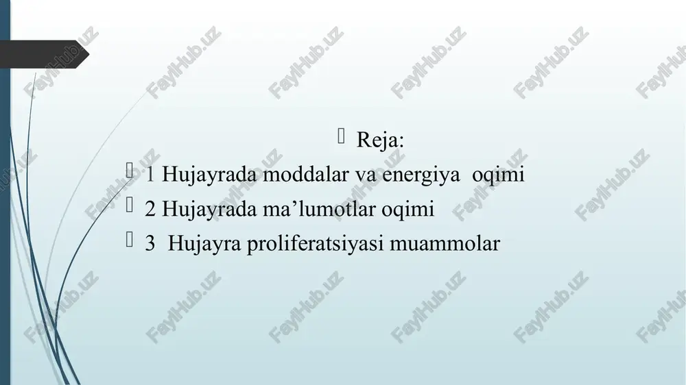 tadi. ionlar va boshqa yirik molekulalar membrana orqali to’g’ridan to’g’ri o’ta olmaydi. 3)retseptorlik diffuziya – bu moddalarni yuqori konsentrat-siyali joydan past konsentatsiyali joyga o’tishi. diffuziya hujayrada moddalarni passiv trans-porti hisoblanadi. buning uchun energiya talab qilinmaydi. •plazmolemma orqali moddalar harakati vaq-tida oldiga va orqaga kuzatiladi, lekin kam konsentratsiyali tomonga harakati aniq ko’-rinadi. •suv va molekula miqdori tenglashganda aniq harakat ko’rinmaydi. •ba’zi moddalar membrana orqali diffuziya yo’li bilan o’tadi. bunda moddalar ikki tomon-lama harakatlanadi. lekin muvozanatga kel-guncha yuqori konsentratsiyali joydan past konsentratsiyali joyga harakatlanadi. kislorod membrana orqali hujayra ichiga o’tadi. bu kis-lorod energiya manbasi diffuziya. metabolizm bosqichi; •tayyorlash bosqichi: ovqatni hazm qilish, kislorod va oziqa moddalarni hujayralarga yetkazish •hujayrada modda va energiya almashinuvi •yakuniy bosqich: parchalanish tayyorlash bosqichi (hazm qilish tizimi) •polisaxaridlar (kraxmal, sellyuloza) monosaxaridlar (glyukoza, fruktoza) •yog’ glitserin va yog’ kislotalari •oqsillar aminokislotalar hujayralardagi metabolizm energiya almashinuvi (katabolizm, dissimilyatsiya) plastik almashinuvi (anabolizm, assimilyatsiya) -organik moddalarning parchalanishi organik moddalarni sintezi plastik almashinuvi. …