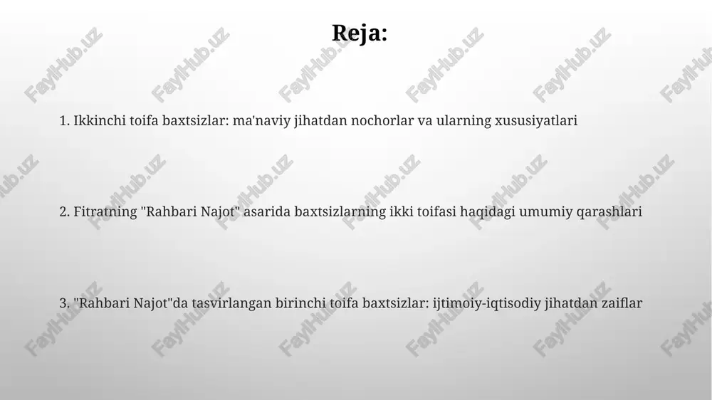 bo'lgan ta'siri batafsil bayon etiladi. ikkinchi toifa: ma'naviy qashshoqlikka duchor bo'lganlar ushbu toifadagi odamlarning 30% dan ortig'i ijtimoiy adolatsizlik va ta'limning etishmasligi tufayli bu holatga tushib qolgan deb ta'kidlaydi fitrat. fitrat, "rahbari najot"da ikkinchi toifaga kiruvchi 7 ta asosiy xususiyatni ta'riflaydi, ularning har biri ma'naviy qashshoqlikning turli jihatlarini aks ettiradi. fitratning takliflari va tavsiyalari fitratning "rahbari najot"dagi tavsiyalarining 20% dan ortig'i shaxsiy o'zini-o'zi tarbiyalash va ma'naviy barkamollikka bag'ishlangan. fitrat, "rahbari najot"da 7 ta asosiy fazilatni rivojlantirishni tavsiya qiladi, shu jumladan adolat, saxovat va bilim kabi muhim insoniy fazilatlarni. zamonaviy kontekstda fitratning fikrlarining ahamiyati fitratning "ikkitomonlama baxtsizlik" toifalari haqidagi ta'limoti zamonaviy ijtimoiy muammolarni, masalan, qashshoqlik va ta'limsizlikni tushunishda 21-asr uchun muhim metodologik asos bo'lib xizmat qiladi. uning insoniyatning 2ta asosiy qatlamiga bo'lgan yondashuvi – ma'naviy va moddiy jihatdan ojiz kishilar – zamonaviy ijtimoiy siyosatni shakllantirishda, ayniqsa, tengsizlikka qarshi kurashda, 30%dan ortiq aholini qamrab oladigan dasturlarni ishlab chiqishda dolzarbdir. fitratning moddiy qashshoqlikka …