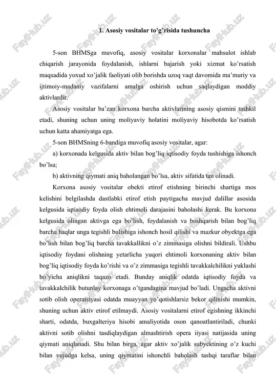 lik odatda iqtisodiy foyda va tavakkalchilik butunlay korxonaga o’tgandagina mavjud bo’ladi. ungacha aktivni sotib olish operatsiyasi odatda muayyan yo’qotishlarsiz bekor qilinishi mumkin, shuning uchun aktiv etirof etilmaydi. asosiy vositalarni etirof egishning ikkinchi sharti, odatda, buxgalteriya hisobi amaliyotida oson qanoatlantiriladi, chunki aktivni sotib olishni tasdiqlaydigan almashtirish opera iiyasi natijasida uning qiymati aniqlanadi. shu bilan birga, agar aktiv xo’jalik subyektining o’z kuchi bilan vujudga kelsa, uning qiymatini ishonchli baholash tashqi taraflar bilan materiallar, ishchi kuchini sotib olish va asosiy vositani barpo etish jarayonidagi boshqa sarflar asosida amalga oshirilishi mumkin. 5-bhmsning 4-bandida quyidagi mezonlarga javob beruvchi moddiy akgivlar asosiy vositalar tarkibiga kiritilishi nazarda tutilgan: a) bir yildan ko’proq xizmat muddati; b) o’zbekiston respublikasida belgilangan eng kam ish haqining ellik baravari miqdoridan ko’proq qiymatlagi predmetlar, bir donasi uchun. korxona rahbari hisobot yilida asosiy vositalar tarkibidagi jihozlarning hisobi uchun ular qiymatining kam miqdorini belgilash huquqiga ega. asosiy vositalar tarkibidagi jihozlarning hisobi uchun ular qiymatining kam …