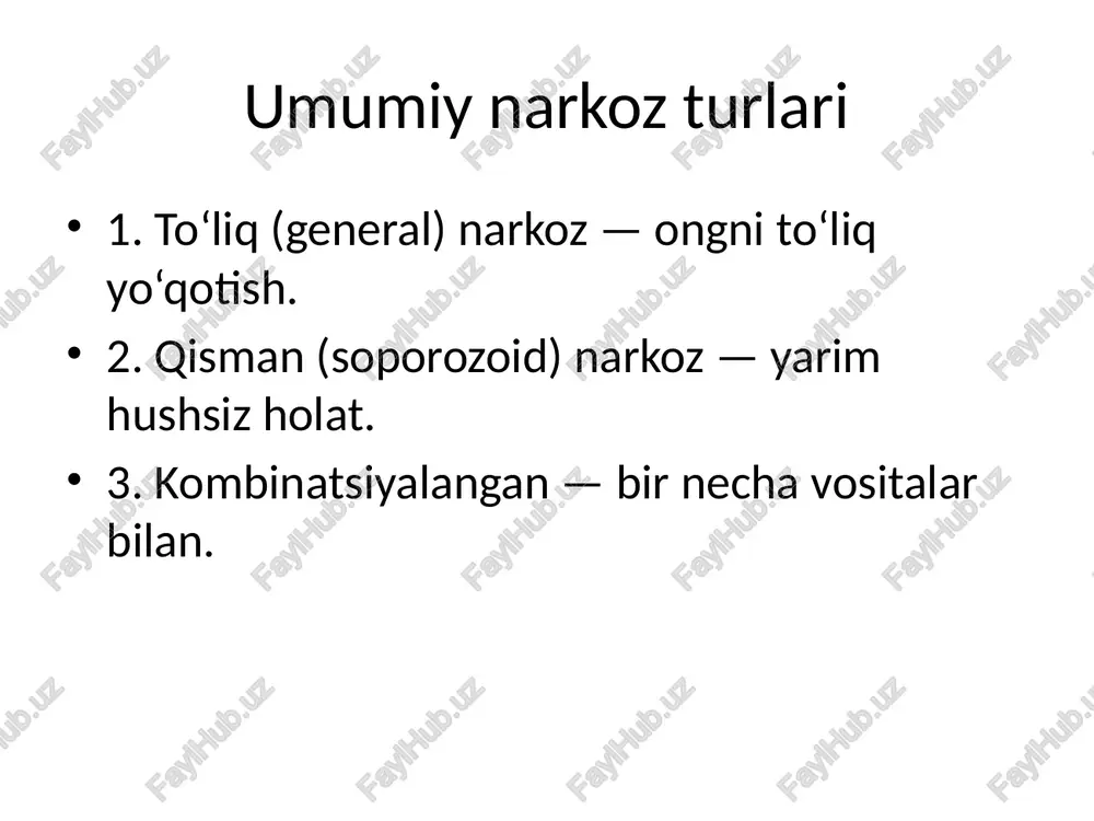 lin bilan davolanadi • gepatotoksik ta’sir — galotan va izofluran bilan • nefrotoksik ta’sir — metoksifluran bilan bog‘liq. narkozdan keyingi asoratlar • delirium va ong buzilishi • qusish, bronxospazm • shok holatlari • buyrak yetishmovchiligi asoratlarning oldini olish • bemorni to‘liq tekshirish (anamnez, allergiya) • dozani individual tanlash • doimiy monitoring • jarrohlikdan keyingi kuzatuv (postanestezik nazorat). xulosa narkoz vositalari to‘g‘ri tanlansa va monitoring yetarli bo‘lsa, jarrohlik xavfsiz va og‘riqsiz kechadi. asoratlarni bilish va ularni oldini olish — anesteziologning asosiy vazifasidir. /docprops/thumbnail.jpeg