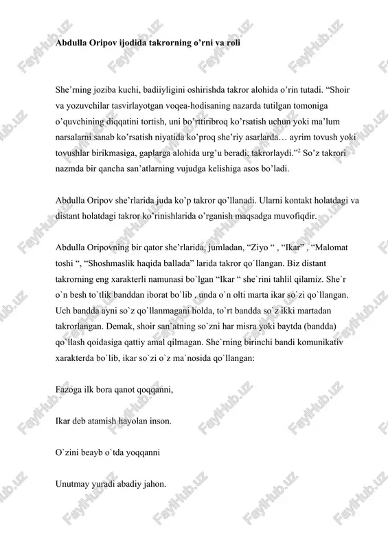 stlabki ikki misrada tezis sifatida berilgan fikr keying ikki misrada dalillanyapti: bundan insoniyat tarixida savob ishga qo`l urganlar soni juda ko`p degan xulosa ham kelib chiqadi. bundan keyin esa ana shu ilk savobga yo`l ochgan ikarlarga misol keltiriladi. bu misol keltirish to oltinchi bandgacha davim etadi. uchinchi bandda ham ikar ikki marta qo`llangan bo`lib “ ikar” atalgay jumlasi ikkinchi va to`rtinchi misralarda muvoziy holda takrorlanadi: yarog`im yo`q deya ilk bora qo`lin, salomga cho`zgan ham ikar atalgay. tark etib g`ordagi asriy manzilin, ilk chayla tuzgan ham ikar atalgay. bu so`z takrorning yana bir ko`rinishi bo`lib , u ilm-u badidda tasdir san`ati deb yuritiladi . bayt ikkilik band hisoblanadi. shu nuqtai nazardan qaraganda, abdulla oripovning bir band doirasidagi qatarig`ini ham tasdir namunasi deb qarash xato bo`lmaydi. demak, shoir aruzda shakllangan va qo`llangan san`atlarni barmoqqa ko`chirgan va uni bir so`zdan jumla takrori darajasiga yetkazgan. to`rtinchi bandda esa bunday takrorning aksiga duch kelamiz: uchinchi …
