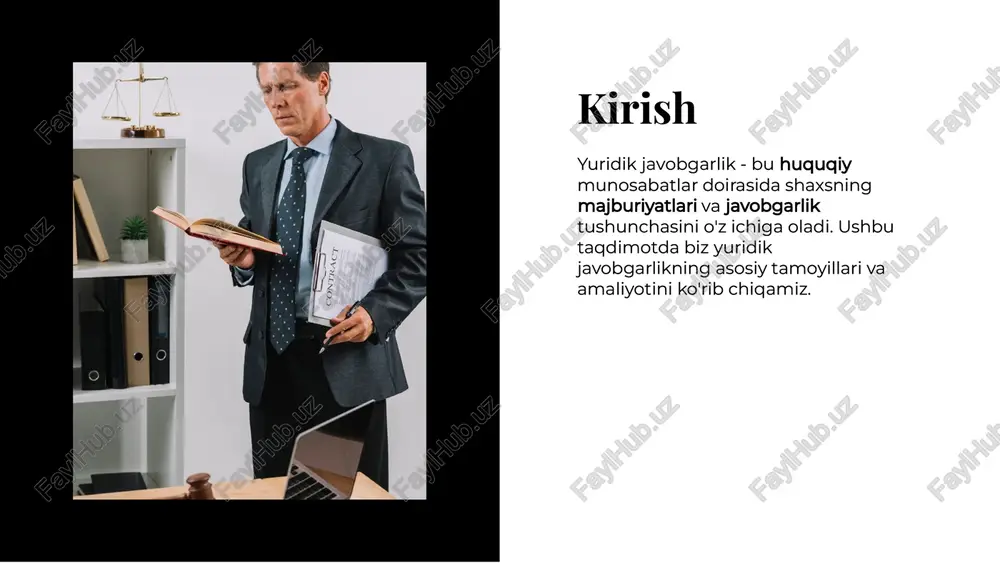 rga huquqiy noaniqlik, tushunmovchiliklar, va qonunbuzarliklar kiradi. bu muammolar, adolatli va samarali yuridik tizimni shakllantirishga to'sqinlik qilishi mumkin. yuridik javobgarlik amaliyotida bir qator muammolar mavjud. ularga huquqiy noaniqlik, tushunmovchiliklar, va qonunbuzarliklar kiradi. bu muammolar, adolatli va samarali yuridik tizimni shakllantirishga to'sqinlik qilishi mumkin. xulosaxulosa yuridik javobgarlik - bu huquqiy tizimning muhim qismi. asosiy tamoyillar va amaliyotdagi muammolarni tushunish, adolat va huquqiy tartibni ta'minlashda yordam beradi. ushbu taqdimotda ko'rilgan masalalar, huquqiy faoliyatda muhim ahamiyatga ega. yuridik javobgarlik - bu huquqiy tizimning muhim qismi. asosiy tamoyillar va amaliyotdagi muammolarni tushunish, adolat va huquqiy tartibni ta'minlashda yordam beradi. ushbu taqdimotda ko'rilgan masalalar, huquqiy faoliyatda muhim ahamiyatga ega. thanks!thanks! do you have any questions? youremail@email.com +91 620 421 838 www.yourwebsite.com @yourusername do you have any questions? youremail@email.com +91 620 421 838 www.yourwebsite.com @yourusername