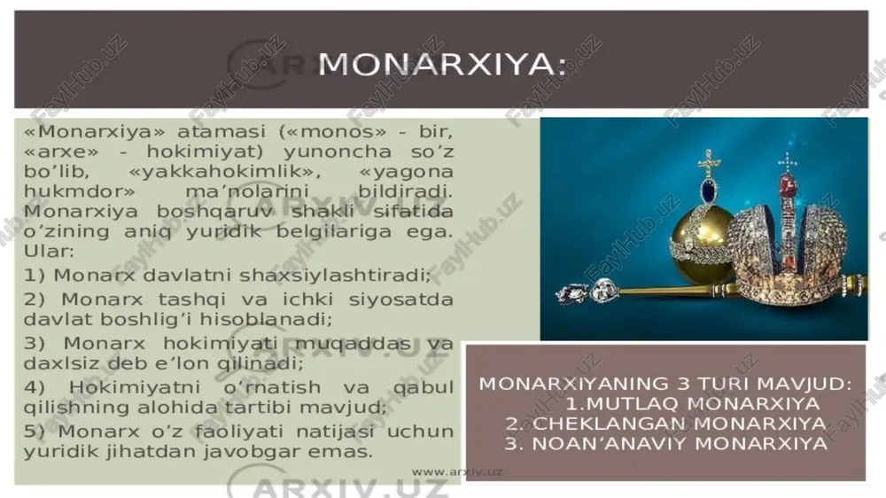 quqi bo’yicha egallash; - tashqi aloqalarda kafolat (mandat) asosida emas, 0’z shaxsiy huquqi bo’yicha vakillikni amalga oshirish; - davlat boshlig’i javobgarligining yo’qligi (faqat xudo oldida mas’ullik)dir. noan’anviy monarxiya: cheklangan monarxiya shakli sifatida ko’p uchramaydigan davlat shakli bo’lib, davlat boshgaruvi amaliyotida faol rivojlanmagan. noan’anaviy monarxiyada ham respublika, ham monarxiya shaklining,elementiari uyg’unligi namoyon bo'ladi. birlashgan arab amirligi * yetti amirlik - abu-dabi, dubay, sharja, ajman, umm _ ul-qayvayn, al-fujayra va ra’s ul- xaymadan iborat bo’lib, hokimiyatning oliy organi - amirlikning shayxlaridan iborat oliy kengash hisoblanadi. monarxiya mutlaq va cheklangan (yoki parlamentar) shakllarda bo‘ladi. 1) monarx davintnl rastniylashtradi tashqi va ichki siyosatda daviat bosh 1 oe ef en dt oo fe |2) monarx davliatni yakka 0/zi (3) monahy hokimiyati muqaddas va ilohiy deb e’lon qilinadi; -—| 4) monarx o‘z faoliyatida mustagqildir; 5) hokimiyatni o‘rnatish, qabul qilishning alohida tartibi mavjud; 6) umrbod boshqaruv; |__, 7) monarx 0‘z boshqaruvining natijasi uchun yuridik jihatdan javobgar emas. …
