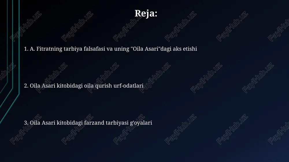 rga 15-16 yoshdan boshlab uy ishlarini o'rgatish va 18 yoshga to'lganidan keyin turmushga chiqishga tayyorlash kabi amaliy ko'nikmalarni o'z ichiga oladi. mustaqil hayotga tayyorgarlik doirasida, oila asari oilaviy byudjetni boshqarish, moliyaviy mas'uliyatni o'rgatish kabi muhim jihatlarga 2-3 yil davomida e'tibor qaratadi va bu jarayon oila a'zolari bilan birgalikda amalga oshiriladi. oila asari asosiy gʻoyalari "oila asari"da oila a’zolari o‘rtasidagi 5 ta asosiy munosabat – ota-ona, turmush o‘rtoqlar, aka-uka, opa-singil va qaynonalar o‘rtasidagi munosabatlarning muhim jihatlari yoritiladi. "oila asari"da oila qurishning 3 ta asosiy bosqichi – tanishuv, niqoh va oilaviy hayot – har biri o‘ziga xos an’analar va marosimlar bilan boyitilgan holda tasvirlangan. oiladagi muammolar va ularning yechimlari farzand tarbiyasi bo'yicha 2 ta avlod o'rtasidagi fikrlar farqi, ya'ni ota-onalar va farzandlar orasidagi 15 yoshli avlod oralig'i o'zaro hurmat va ochiq muloqot orqali bartaraf etilishi mumkin. uy ishlarida teng taqsimlanmagan mas'uliyat, ayniqsa, xotin-qizlarga 70% yuk tushishi, rolni aniq taqsimlash va oilaviy majburiyatlarni …