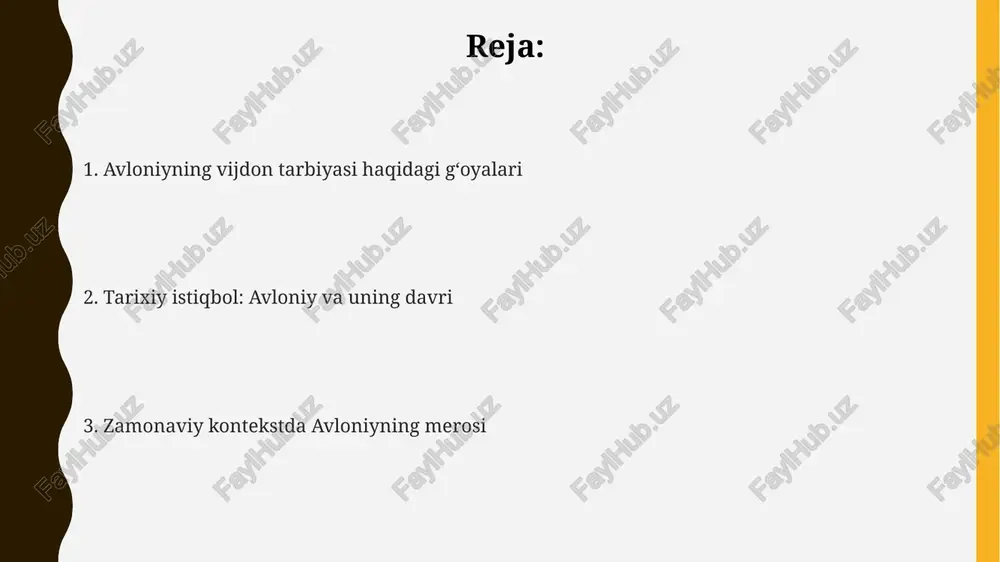 ng ahamiyati va uning buzilishi oqibatlarini ko'rsatuvchi 5 ta tarixiy misol keltirilgan. avloniy vijdon erkinligini faqat diniy emas, balki ma'naviy-axloqiy jihatdan ham muhim deb hisoblab, shaxsning ichki dunyosini himoya qilishga alohida e'tibor qaratadi va bu fikrlarni 3 bobda bayon qiladi. avloniy "vijdon erkinligi va inson huquqlari" asarida inson huquqlarining 10 dan ortiq turini, jumladan, vijdon erkinligini, fikr bildirish huquqini va ta'lim olish huquqini batafsil tahlil qiladi. adolat va halollikka chaqiruv "adolat va halollikka chaqiruv" asarda avloniy, 1920-yillardagi ijtimoiy-iqtisodiy sharoitlarni tahlil qilib, 3 ta asosiy axloqiy tamoyil – adolat, halollik va vijdonlilikni targ‘ib qiladi. kitobda, kamida 10 ta amaliy misol orqali, bolalar va yoshlarda halol mehnatga, inson huquqlariga hurmat va o‘zaro mehr-oqibatga bo‘lgan munosabatni shakllantirish yo‘llari ko‘rsatiladi. avloniy "adolat va halollikka chaqiruv"da, taqvodorlik va vijdon tuyg‘usini rivojlantirish uchun 5 bosqichdan iborat pedagogik modelni taklif qiladi, bu model oila va maktab ta’limini birlashtiradi. xulosa va tavsiyalar xulosa qismida milliy ong va axloqiy …
