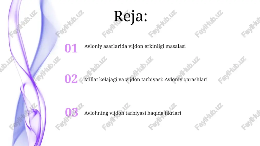 i – shaxsning mustaqil fikrlash qobiliyatini, ichki olamga hurmat va o'z vijdoniga bo'ysunishni shakllantirish bo'lib, bu 20-asr boshidagi jamiyat uchun yangicha yondashuv edi. "o'quvchi" asarida vijdonlilik g'oyalari avloniy "o'quvchi"da 3 ta asosiy fazilat: vijdonlilik, halollik va vatanparvarlikni tarbiyalashga alohida e'tibor qaratadi, bularni 12 ta bob orqali izchil bayon qiladi. "o'quvchi"da vijdonli inson obrazi, o'ziga xos pedagogik usullar orqali, 5 ta asosiy xususiyatlari bilan namoyish etiladi: halollik, adolatlilik, saxiylik, mehr-oqibatlilik va mas'uliyatlilik. asarda vijdonlilik tushunchasi axloqiy tamoyillar, inson huquqlari va jamiyat oldidagi mas'uliyat bilan uzviy bog'liq holda taqdim etiladi, 20 dan ortiq misollardan foydalaniladi. vijdon erkinligi va diniy bag'rikenglik avloniyning fikricha, diniy bag'rikenglik jamiyatdagi ijtimoiy uyg'unlikni ta'minlashda muhim omil bo'lib, bu fikr 2 ga yaqin tarixiy voqeaga asoslangan. kitobda vijdon erkinligi g'oyasi individual inson huquqlari, jumladan, din tanlash huquqi bilan bog'liq holda 5 ga yaqin falsafiy argumentlar orqali bayon etilgan. avloniy "vijdon erkinligi va diniy bag'rikenglik" asarida 3 ta asosiy diniy …
