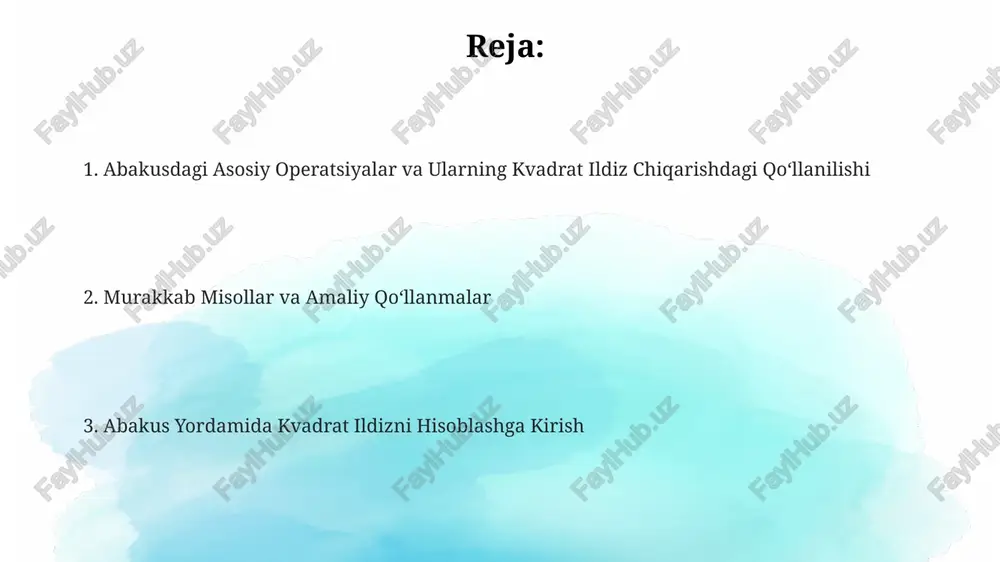 bosqichda amalga oshiriladi. murakkab misollarni yechish "murakkab misollarni yechish" da kvadrat ildizni aniqlash uchun abakusdan foydalanishning samaradorligini oshirish maqsadida, o'rtacha 2-3 marta tezroq hisoblash imkonini beruvchi ixcham usullar va qisqa yo'llar taklif etiladi. "murakkab misollarni yechish" kitobi abakus yordamida kvadrat ildizlarni hisoblashning 2 xonali va 3 xonali sonlar uchun maxsus algoritmlarini batafsil bayon qiladi, bu esa murakkab hisob-kitoblarni soddalashtiradi. kitobda keltirilgan misollar 10 dan 1000 gacha bo'lgan sonlarning kvadrat ildizlarini topish usullarini ko'rsatib, har bir bosqichda abakusdagi manipulyatsiyalarni aniq tasvirlaydi va 5-6 ta raqamli sonlarni ham qamrab oladi. misollar va amaliy qo‘llanma qo‘llanmada kvadrat ildiz chiqarish jarayonini soddalashtirish uchun 5 ta asosiy qadamdan iborat algoritm batafsil bayon etilgan. “misollar va amaliy qo‘llanma” abakusdagi har bir amalni 2-3 xil usulda bajarishni ko‘rsatib, turli yondashuvlarni o‘rgatishga qaratilgan. abakusda kvadrat ildizni hisoblashning "misollar va amaliy qo‘llanma" qo‘llanmasida 10 dan ortiq misollar keltirilgan bo‘lib, ular turli murakkablikdagi sonlarni qamrab oladi. e'tiboringiz uchun rahmat @taqdimot_robot …