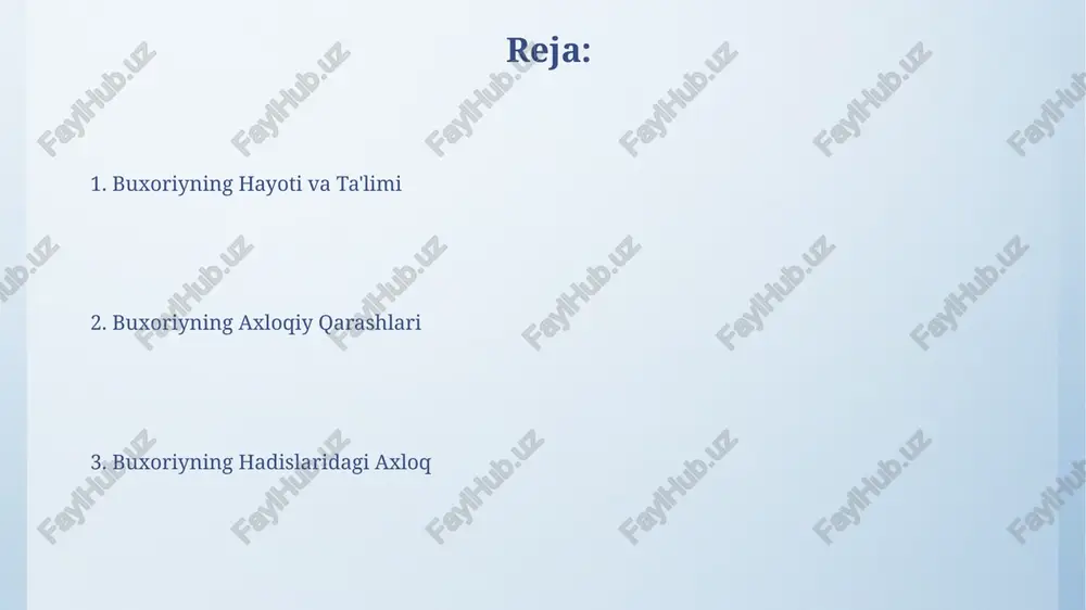 tiborli, har bir rivoyatchining ishonchliligini aniqlashdagi 10 dan ortiq mezondan foydalanganligi uning ilmiy yuksakligini ta'kidlaydi. buxoriyning e'tiqod va axloqiy qarashlari uning e'tiqodida tasavvufning asosiy elementlari, xususan, allohga bo'lgan muhabbat va tavba-tazarru kabi tushunchalar muhim o'rin egallagan. buxoriyning axloqiy qarashlarida halollik, rostgo'ylik va kamtarlik kabi 3 ta asosiy fazilatlar alohida ta'kidlanib, ularni amaliy hayotda qo'llashga chaqirgan. buxoriyning shaxsiy hayoti va amaldagi axloqi buxoriyning kamtarligi va boshqalarga nisbatan samimiy munosabati, unga 1000 dan ortiq shogird yig'ishiga va uning ilmiy merosining avlodlarga etib borishiga sabab bo'lgan. buxoriy hayotining 50 yilidan ortiq qismi diniy ilmlarni o'rganish va hadislarni yig'ishga bag'ishlangan bo'lib, bu uning axloqiy tarbiyasining muhim jihati hisoblanadi. e'tiboringiz uchun rahmat @taqdimot_robot image4.png image5.jpg image6.jpg image7.jpg image8.jpg image9.jpg image10.jpg image11.jpg image3.jpeg ~~’