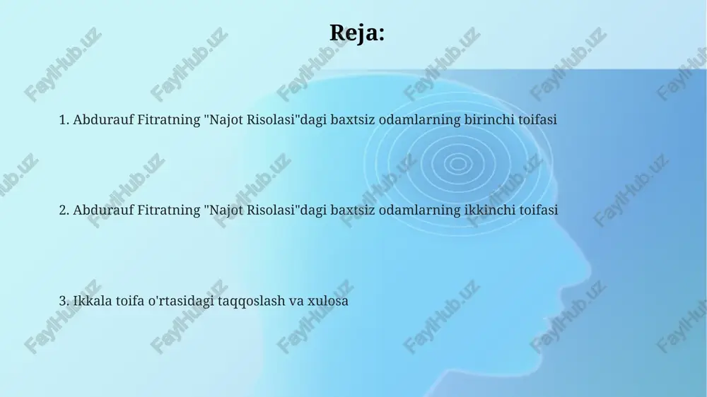ib, 2-3 avlod taʼlim tizimiga taʼsir koʻrsatmoqda. fitratning ijtimoiy-siyosiy gʻoyalari, xususan, adolat, erkinlik va millat masalalari boʻyicha fikrlari bugungi kunda ham 21-asr qiymatlari bilan mos keladi va dolzarbdir. tadqiqot natijalari va kelajakdagi istiqbollar tadqiqotimiz fitratning “risolai najot” asarida 2 ta asosiy baxtsizlik sababini aniqladi: 1) jaholat va 2) g'aflat, ularning ta'siri 150 dan ortiq matn parchasida tahlil qilindi. "risolai najot"dagi baxtsizlik tushunchasini zamonaviy psixologiya tushunchalari bilan bog'lash bo'yicha 3 ta qiyosiy tadqiqot loyihasi ishlab chiqilmoqda; natijalar 2024-yil oxiriga qadar e'lon qilinadi. kelajakda, uslubiy tahlil orqali, fitratning 5 ta asarida baxtsizlikning ijtimoiy-siyosiy omillarini qiyoslash rejalashtirilgan, bu esa 10 dan ortiq yangi nazariy xulosalarni keltirib chiqarishi mumkin. moddiy qashshoqlik va ruhiy azoblarning bog'liqligi fitrat, "risolai najot"da moddiy qashshoqlikni 2 ta asosiy sabab – jaholat va beparvolik bilan bog'laydi, bu esa 70%dan ortiq ruhiy azoblarga olib keladi. fitratning fikricha, moddiy kam ta’minlanganlikning ruhiy azoblarga ta’siri 2:1 nisbatda bo'lib, ruhiy mustahkamlik moddiy qashshoqlikning salbiy …