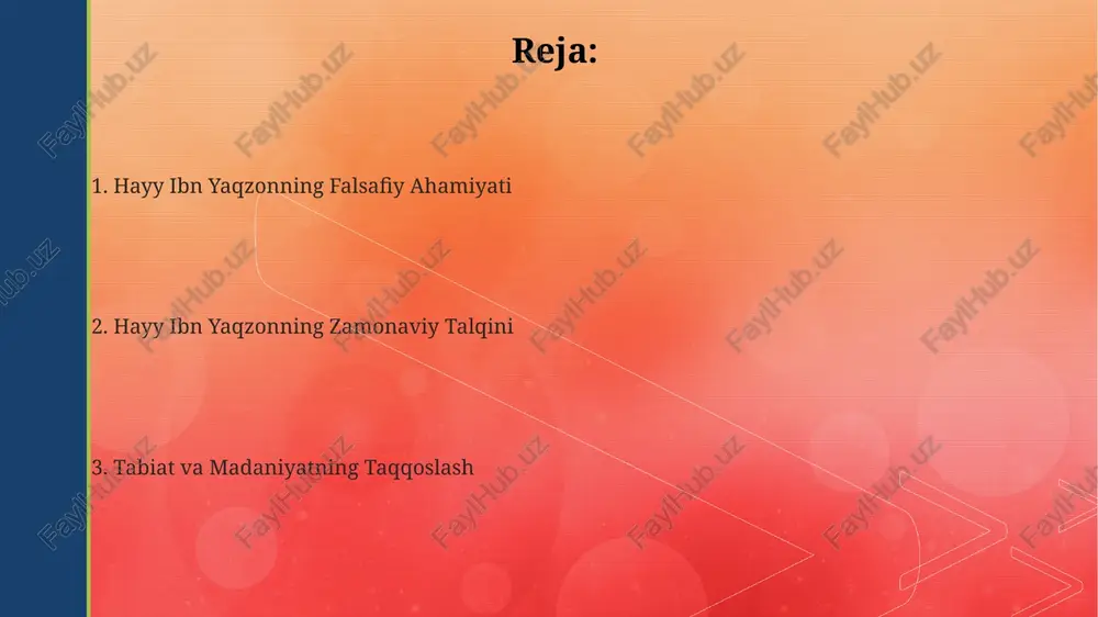 egallashning izchil va mustaqil jarayonini namoyon qiladi. kitobda 20 yoshga toʻlgan hayyning, oʻz-oʻzini oʻrganish va kuzatish orqali 5 ta hissiy idrok (koʻrish, eshitish, hid bilish, ta'm bilish, sezish) va mantiqiy fikrlashni rivojlantirgani tasvirlanadi. hayy ibn yaqzon asarining qisqacha mazmuni hayy ibn yaqzon, insoniyatning tabiiy holatini va bilim orqali ruhiy yetuklikka erishishini tasvirlaydi; u 7 yoshda onasiz qoladi va 70 yildan ortiq yolgʻiz yashaydi, oʻz-oʻzini tarbiyalaydi. asar falsafiy qissasi boʻlib, unda hayy ibn yaqzonning tabiat bilan uygʻunligi, oʻz-oʻzini anglashi, intellektual va ma'naviy rivojlanishi tasvirlanadi. uning 2 ta asosiy qahramoni bor. kitobda hayy ibn yaqzon va uning bilimlarni oʻrganish jarayoni, dunyoqarashi va insonning tabiiy holati haqida hikoya qilinadi, 17 asrdan beri o'rganilmoqda. hayy ibn yaqzon va tabiat bilan uyg'unlik kitobda hayyning 20 yillik izlanishlari davomida oʻsimliklar, hayvonlar va tabiiy hodisalarni kuzatishi, ularni tahlil qilishi va oʻz bilimini kengaytirishi orqali tabiat bilan chuqur uygʻunlikka erishishi tasvirlanadi. bu esa, empirizm va ratsionalizm gʻoyalarini aks …
