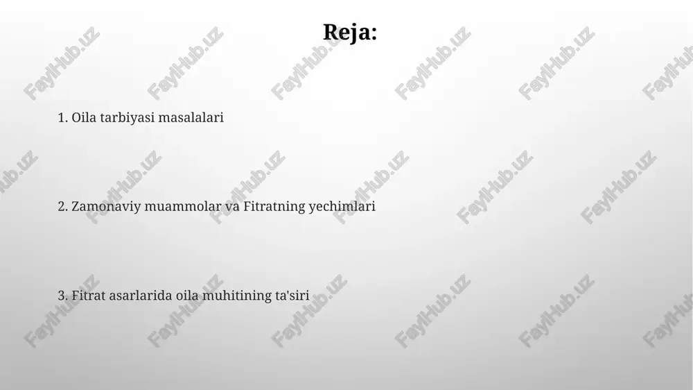 ish orqali o'rgatishni tavsiflaydi, bu usullar yordamida bolaning 12 ta ko'nikma hosil qilish mumkinligini ko'rsatadi. fitrat "mehnat tarbiyasi"da 3 yoshdan 7 yoshgacha bo'lgan bolalarga mehnatga o'rgatishning ahamiyatini ta'kidlab, ularning mustaqilligini rivojlantirishga qaratilgan 10 dan ortiq amaliy maslahatlarni beradi. axloqiy tarbiya yosh avlodning axloqiy kamchiliklarini 5 ta turga ajratib, ularning oldini olish choralarini "axloqiy tarbiya"da 20 dan ortiq misol bilan batafsil bayon qiladi. fitratning "axloqiy tarbiya" asarlarida 3 ta asosiy qoida - hurmat, mehr-oqibat va halollikka alohida e'tibor qaratiladi, bu esa 10 ta hikoya orqali namoyish etiladi. oila tarbiyasi tushunchasi fitrat asarlarida fitrat asarlarida oila tarbiyasi, 3 ta asosiy elementga – axloqiy-ma’naviy tarbiya, mehnat tarbiyasi va intellektual rivojlanishga bo‘lingan holda, batafsil tahlil qilinadi. "munosabatlar" romanida tasvirlangan 2 ta oilaning farqlashuvi, turli tarbiya uslublari va ularning bolalar shaxsiyatiga ta’siri fitratning pedagogik qarashlarini aks ettiradi. jismoniy tarbiya fitratning "jismoniy tarbiya" asarida 3 yoshdan 7 yoshgacha bo'lgan bolalar uchun jismoniy mashqlarning ahamiyati va turlari …
