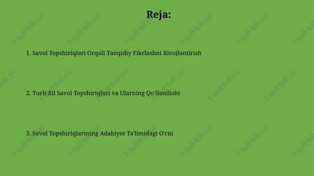 iq va ochiq savollarning (masalan, 2 ta yopiq va 3 ta ochiq) nisbatini muvozanatlash darsning samaradorligini oshiradi va barcha talabalarning faol ishtirokini ta’minlaydi. baholash va fikr almashish strategiyalari munozaralarni 4-6 kishilik kichik guruhlarda o‘tkazish, har bir talabaning faol ishtirokini ta’minlaydi va fikr almashishni tezlashtiradi. adabiy asarlar bo‘yicha 2-3 ta ochiq savol berish, talabalarning mustaqil fikrlashini va tahliliy qobiliyatlarini rivojlantirishga yordam beradi. ijodiy yozishni rag‘batlantirish har bir hikoya uchun 3 ta ochiq savol berish orqali o‘quvchilarning tahliliy va sintez qilish qobiliyatlarini rivojlantirish va ijodiy yozuvlarining sifatini 15% ga yaxshilashga yordam beradi. savolga javob berish orqali o‘quvchilarning 5-7 ta mulohazali fikrlarini shakllantirish va ijodiy yozishga bo‘lgan ishtiyoqlarini 20% ga oshirish mumkin. e'tiboringiz uchun rahmat @taqdimot_robot image1.jpg image2.jpg image3.jpg image4.jpg image5.jpg image6.jpg image7.jpg mernnmeeentresevosoecceseses+ese0+sex0s0s9s1s01sis1040015 190011 0 ¢bopesponsgeneeaneieemmenneall — a tae ghee pape denne pened ren eee bede 6 pert etaw et wy cepenamee satotie san thee senend aot ooty val my my hands …