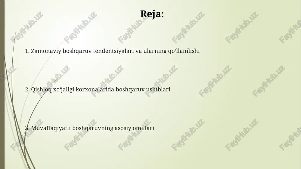 a boshqaruv uslublari qishloq xoʻjaligi korxonalarida demokratik boshqaruv uslubi samaradorlikni 15-20% ga oshirishi mumkin, bu xodimlar motivatsiyasi va jamoaviy ishtirokni kuchaytirish bilan bogʻliq. korxonalarning 30% dan ortigʻi avtoritar boshqaruv uslubidan foydalansa-da, bu uslub innovatsiyalarni rivojlantirish va tezkor qaror qabul qilishda cheklovchi omil boʻlishi mumkin. zamonaviy qishloq xoʻjaligi korxonalarida 70% dan koʻprogʻi transformasion liderlikka asoslangan boshqaruv uslubini qoʻllaydi, bu esa uzoq muddatli strategik maqsadlarga erishishga yordam beradi. avtoritar boshqaruv avtoritar boshqaruvda intizom va aniq ko‘rsatmalar ustunlik qiladi, bu esa yuqori darajada bajarilishni ta’minlasa-da, xodimlarning motivatsiyasi va ijodiy yondashuvini pasaytirishi mumkin. avtoritar boshqaruvda rahbarlar qarorlarni mustaqil qabul qiladi va 90% hollarda jamoaning fikrini inobatga olmaydi, bu esa samaradorlikka salbiy ta’sir ko‘rsatishi mumkin. bunday boshqaruv uslubi 5 dan kam xodimli kichik agrobiznes korxonalarida nisbatan samaraliroq bo‘lishi mumkin, lekin katta jamoalar uchun mos emas. demokratik boshqaruv agrobiznesda demokratik boshqaruv uslubi, 3 dan ortiq bo'lim rahbarlari bilan birgalikda strategik rejalashtirishni amalga oshiradi va innovatsion g'oyalarni …