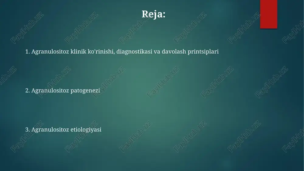 itozda infektsiyaning oldini olish va davolash muhim ahamiyatga ega, buning uchun keng spektrli antibiotiklar, antifungal va antiviral preparatlar qoʻllaniladi, bemorning qoni va taqrizi muntazam nazorat qilinadi. agranulositozning klinik ko'rinishi diferensial diagnostika jarayonida periferik qon manzarasi, suyak ko'migi biopsiyasi va infektsiyaning etiologik omilini aniqlash uchun mikrobial madaniyat tekshiruvlari muhim ahamiyatga ega. bemorlarda yuqumli kasalliklarning klinik belgilari, masalan, isitma (38°c dan yuqori), titroq, angina, stomatit, teri o'smalari va nekrozlar ko'rinishi mumkin. agranulotsitozda leykotsitlar sonining keskin pasayishi (1000/mkl dan kam) qonning infektsiyaga qarshi himoyasini zaiflashtirib, og'ir bakterial va fungal infektsiyalar xavfini oshiradi. differensial diagnostika bemorda qonning to'liq tahlili natijalarida leykotsitlar sonining keskin pasayishi (1000/mkl dan kam) aniqlansa, boshqa gematologik kasalliklar, masalan, aplastik anemiya, differentsial diagnostika uchun muhim ahamiyatga ega. agranulotsitozga o'xshash klinik ko'rinish beradigan 20 dan ortiq infektsion kasalliklar, masalan, virusli infektsiyalar yoki sepsis, differentsial diagnostika jarayonida hisobga olinishi kerak. autoimmun kasalliklar, jumladan, sistemali lupus eritematozus va revmatoid artrit, agranulotsitozga o'xshash klinik belgilarni …
