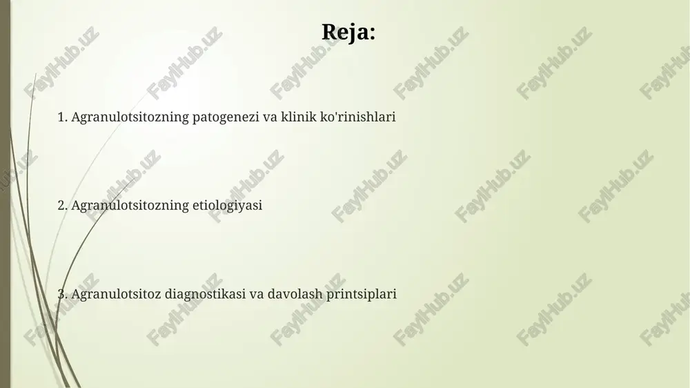 lik bilan xarakterlanadi. og'iz bo'shlig'ida og'riq, shish va oqartmalar (stomatiti), shuningdek, halqum va tomoqda yiringli yallig'lanish jarayonlari (faringit, tonzillit) kabi mahalliy yuqumli asoratlar tez-tez uchraydi. prognoz va oldini olish agranulotsitozning oldini olish, asosan, uni keltirib chiqaradigan dori-darmonlarni aniqlash va ularni bekor qilish, shuningdek, 5-10% hollarda kuzatiladigan idiopatik shakllarining sabablarini aniqlashga qaratilgan. agranulotsitozning prognozi bemorning umumiy holati, asosiy sababning og'irligiga va o'z vaqtida davolanishga bog'liq bo'lib, o'lim darajasi 10% dan 70% gacha o'zgaradi. prognozni yaxshilash uchun infektsiyaning oldini olish uchun profilaktika choralari, shu jumladan, og'iz gigienasi va antibiotiklar profilaktikasi kabi usullar muhim ahamiyat kasb etadi. agranulotsitoz davolash tamoyillari agranulotsitoz davolashda asosiy yondashuv – bu infektsiyani bartaraf etish uchun keng spektrli antibiotiklarni, antifungal va antiviral preparatlarni 7-10 kun davomida qo‘llash hisoblanadi. ogʻir holatlarda, neytrofillar soni 0,5x10⁹/l dan past boʻlganda, bemorlarni izolyatsiya qilish va granulopoez stimulyatorlari, masalan, g-csf yoki gm-csfni qo‘llash zarur. suyak iligiga toksik taʼsir koʻrsatuvchi dori-darmonlarni bekor qilish, immunosupressiv terapiyani toʻxtatish …