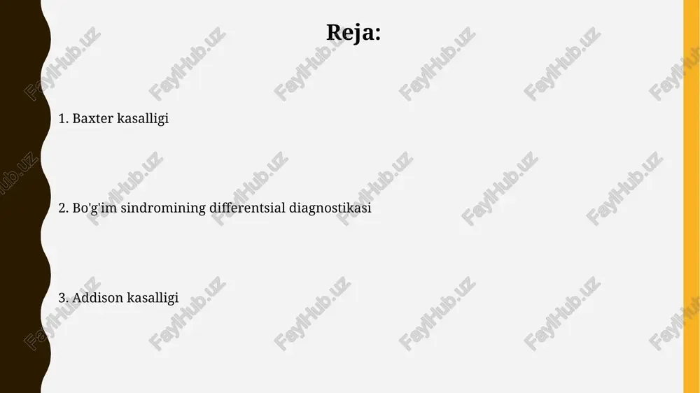 tomiya yoki bo'g'im protezlashni talab qilishi mumkin. bo'g'im sindromi: davolash usullari og'ir holatlarda, masalan, revmatoid artritda, 1-2 ta biologik preparat bilan birgalikda kortikosteroidlar (prednizolon) qo'llanishi mumkin, ammo ularning yon ta'sirini hisobga olish kerak. qo'shma og'riqlarini kamaytirish uchun 2-3 hafta davomida analjeziklar (paratsetamol), shu bilan birga harakatlanishni cheklash va maxsus mashqlar tavsiya etiladi. bo'g'im sindromi: turli xil sabablari yuqumli agentlar, masalan, bakteriyalar, viruslar va qo'ziqorinlar ham bo'g'im yallig'lanishiga va og'riqqa olib kelishi mumkin, bu esa bo'g'im sindromining rivojlanishiga olib keladi. taxminan 30% holatlarda aniq sabab aniqlanmaydi. metabolik kasalliklar, masalan, podagra va gemoximatoz, bo'g'imlardagi kristallar to'planishi tufayli bo'g'im sindromini keltirib chiqarishi mumkin, bu esa yallig'lanish va zararlanishga olib keladi. addison kasalligi: davolash addison kasalligi bilan og'rigan bemorlarga mineralokortikoidlar, masalan, fludrokortizon, kuniga 0,05-0,2 mg dozada buyurilishi mumkin. bu elektrolit muvozanatini tiklashga yordam beradi. addison kasalligini davolashda asosiy usul – kortikosteroidlarni, masalan, gidrokortizonni, kuniga 10-20 mg dozada buyurish hisoblanadi. bu bemorning hayotini saqlab qolish …