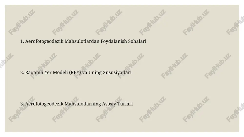 siya va geodezik bog'lanish jarayonlari natijasida, 1 sm dan kam xatolikka ega bo'lgan aniq raqamli balandlik modellarini (dem) va ortofotoxaritalarni yaratish mumkin. geodezik bog'lanishda, gps va glonass kabi sun'iy yo'ldosh navigatsiya tizimlari orqali olingan ma'lumotlar, 3d koordinatalarni aniqlashda ishlatiladi va bu aerophotogeodezik mahsulotlarning aniqligini oshiradi. 3d modellar 3d modellarning turli xil formatlari, jumladan, las, ply, obj va 3ds kabi formatlarda taqdim etilishi mumkin, bu esa modellardan turli xil dasturlar va platformalarda foydalanish imkoniyatini beradi. 3d modellashda aniqlik darajasi, masalan, 10 sm gacha bo'lgan nuqta bulutlari zichligi va modellarning geometrik aniqligi, qo'llaniladigan sensorlarning texnik xususiyatlariga va ma'lumotlarni qayta ishlash usullariga bog'liq. ortofotoxaritalar ortofotoxaritalar, yuqori aniqlikdagi raqamli relyef modellari (rfm) bilan birgalikda 20 sm dan kam bo'lgan geometrik aniqlikka ega bo'lishi mumkin. rangli infraqizil (rgb) va yaqin infraqizil (nir) spektrlarini o'z ichiga olgan ko'p spektrli ortofotoxaritalar, o'simliklarning holatini baholash uchun foydali bo'ladi. obyektlarni aniqlash va tasniflash yuqori aniqlikdagi aerogeodezik suratlarni tahlil qilish …