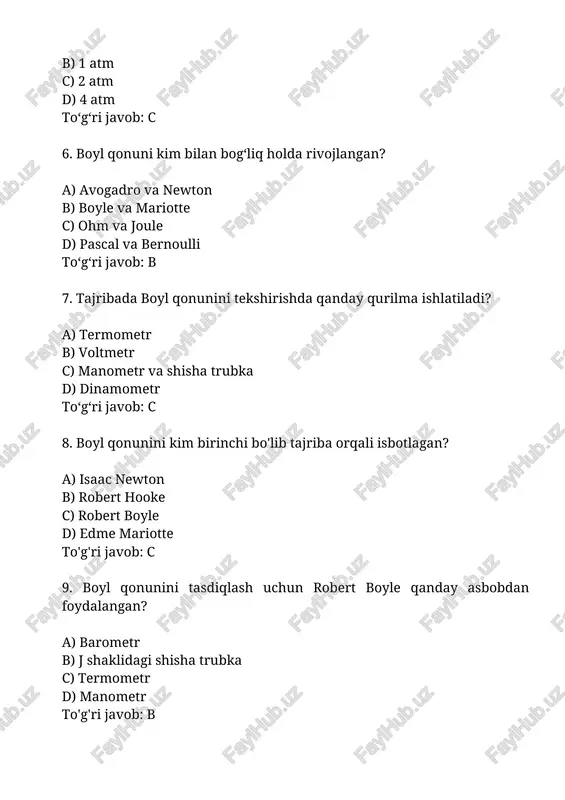 asi to'g'ri javob: b 14. bosim 1 atm dan 2 atm ga oshirilsa, hajm qanday o'zgaradi? a) ikki baravar oshadi b) ikki baravar kamayadi c) o'zgarmaydi d) to'rt baravar oshadi to'g'ri javob: b 15. bosim 3 atm, hajm 1 l bo'lsa, pv ning qiymati qancha? a) 1 b) 2 c) 3 d) 4 to'g'ri javob: c 16. hajm 4 l dan 2 l ga kamaytirilsa, bosim qanday o'zgaradi? a) ikki baravar kamayadi b) ikki baravar oshadi c) o'zgarmaydi d) to'rt baravar oshadi to'g'ri javob: b 17. bosim 2 atm, hajm 3 l bo'lsa, pv ning qiymati qancha? a) 5 b) 6 c) 7 d) 8 to'g'ri javob: b 18. bosim 1.2 atm, hajm 2.5 l bo'lsa, pv ning qiymati qancha? a) 3 b) 3.5 c) 4 d) 4.5 to'g'ri javob: b 19. bosim 2.5 atm, hajm 1.2 l bo'lsa, pv ning qiymati qancha? a) 2 b) 3 c) 3.5 d) …