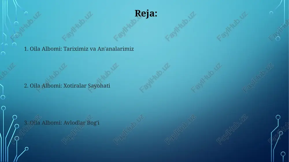 ladan, tug‘ilganlik to‘g‘risidagi guvohnomalar, nikoh guvohnomalari va boshqa rasmiy hujjatlar mavjud. “oila tarixi”da 3 avloddan ortiq oilalar tarixi aks ettirilgan bo‘lib, ularning fotosuratlari va hujjatlari 19-asrning oxiri va 20-asrning boshlariga oid 50 dan ortiq tarixiy voqealarni qamrab oladi. an’analar va urf-odatlar oilaviy albomlardagi fotosuratlarning 5-10%i qishloq xo‘jaligi bilan bog‘liq mehnat jarayonlari va an’anaviy hunarmandchilikni aks ettirib, oila a’zolarining kundalik hayotiga oid qimmatli ma’lumotlarni o‘z ichiga oladi. oilaviy albomlarda 19-asr oxiri va 20-asr boshlariga oid rasmlarning mavjudligi, milliy liboslar va urf-odatlarning aks etishi tarixiy tadqiqotlar uchun muhim manba hisoblanadi. e'tiboringiz uchun rahmat @taqdimot_robot image3.jpg image4.jpg image5.jpg image6.jpg image7.jpg image8.jpg image9.jpg image2.png aus}eassa|jea1@ sayentatt snail cas ae