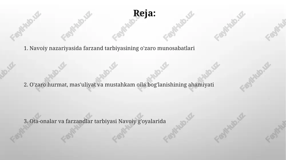 rmat, mehr, sabr, bag'rikenglik va fidoyilik bilan chambarchas bog'liqdir. katta yoshdagilarga hurmatni o'rgatish adabiyotshunoslarning tahlillariga ko'ra, navoiyning asarlarida katta yoshdagilarga hurmat qilishning 10 dan ortiq turli ko'rinishlari tasvirlangan bo'lib, bu ijtimoiy tarbiyaning muhim jihati sifatida qaraladi. katta yoshdagilarga hurmat ko'rsatishning 5 ta asosiy yo'li, masalan, salomlashish, yordam berish, fikrlarini hurmat qilish, maslahat so'rash va keksalarga o'rin bo'shatish, navoiy g'oyalarida muhim ahamiyat kasb etadi. oilaviy bag'rikenglik va qo'llab-quvvatlash oilaviy bag'rikenglik va qo'llab-quvvatlash, navoiy nazariyasida, 5 ta asosiy fazilat – saxovat, sabr-toqat, adolat, mehr-oqibat va fidoyilikni o'z ichiga oladi va jamiyat taraqqiyoti uchun muhim ahamiyatga ega. "xamsa" dostonlarida tasvirlangan 20 dan ortiq oilaviy munosabatlar, o'zaro ishonch, hamkorlik va bir-birini qo'llab-quvvatlashning muhimligini, oilaviy qadriyatlarning mustahkamligini aks ettiradi. sog'lom avlodni tarbiyalash sog'lom avlodni tarbiyalashda ota-onalarning 70% mas'uliyati farzandlarning axloqiy-ma'naviy kamol topishiga, 30% esa ijtimoiy muhitning ta'siriga bog'liq. o'zbekistonda sog'lom avlodni tarbiyalashga qaratilgan 5 ta milliy dastur mavjud bo'lib, ular yoshlarni bilim, hunar va madaniyatga …