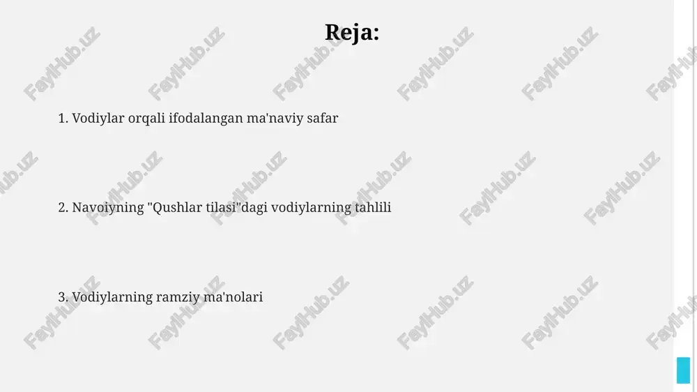 hi vodiyda, ya’ni tanholik vodiysi tasvirida, qush 3 ta sinovdan o'tadi, bu sinovlar uning ruhiy poklanishi va kamol topishiga xizmat qiladi. vodiyning 7 ta darvozasi mavjudligi, insoniy zaifliklarning 7 ta asosiy turi va ularni yengish yo'llarini ramziy ifodalaydi. ikkinchi vodiy: muhabbat vodiysi tahlili muhabbat vodiysi, insonga 2 ta asosiy yo'l – haqiqiy va yolg'on muhabbatni tanlash imkoniyatini taqdim etib, tanlovning ahamiyatini 100% ta'kidlaydi. sufiylik falsafasiga ko'ra, bu vodiyda 5 ta ma'naviy darajadan o'tish tasvirlanadi, har bir bosqich sevgi va tanholikning muvozanatini ta'minlashga qaratilgan. ikkinchi vodiyda, 7 ta bosqichdan iborat muhabbatning murakkab yo'li tasvirlanadi, bu yerda salbiy his-tuyg'ularning 3 tasi qat'iyatlilik va poklik orqali yengiladi. simurg‘ qushining birinchi vodiyga yetib borishi simurg‘ning birinchi vodiyga, ya’ni “qashshoqlik” vodiysiga yetishi uning 30 ta safdoshidan 20 tasining yo‘ldan qaytishi bilan tavsiflanadi, bu safarning qiyinchiliklarini ko‘rsatadi. birinchi vodiyda qahramonlar ochlik va qashshoqlik sinovidan o‘tadilar, bu esa ularning 7 ta fazilatidan 5 tasini yo‘qotishiga olib keladi …